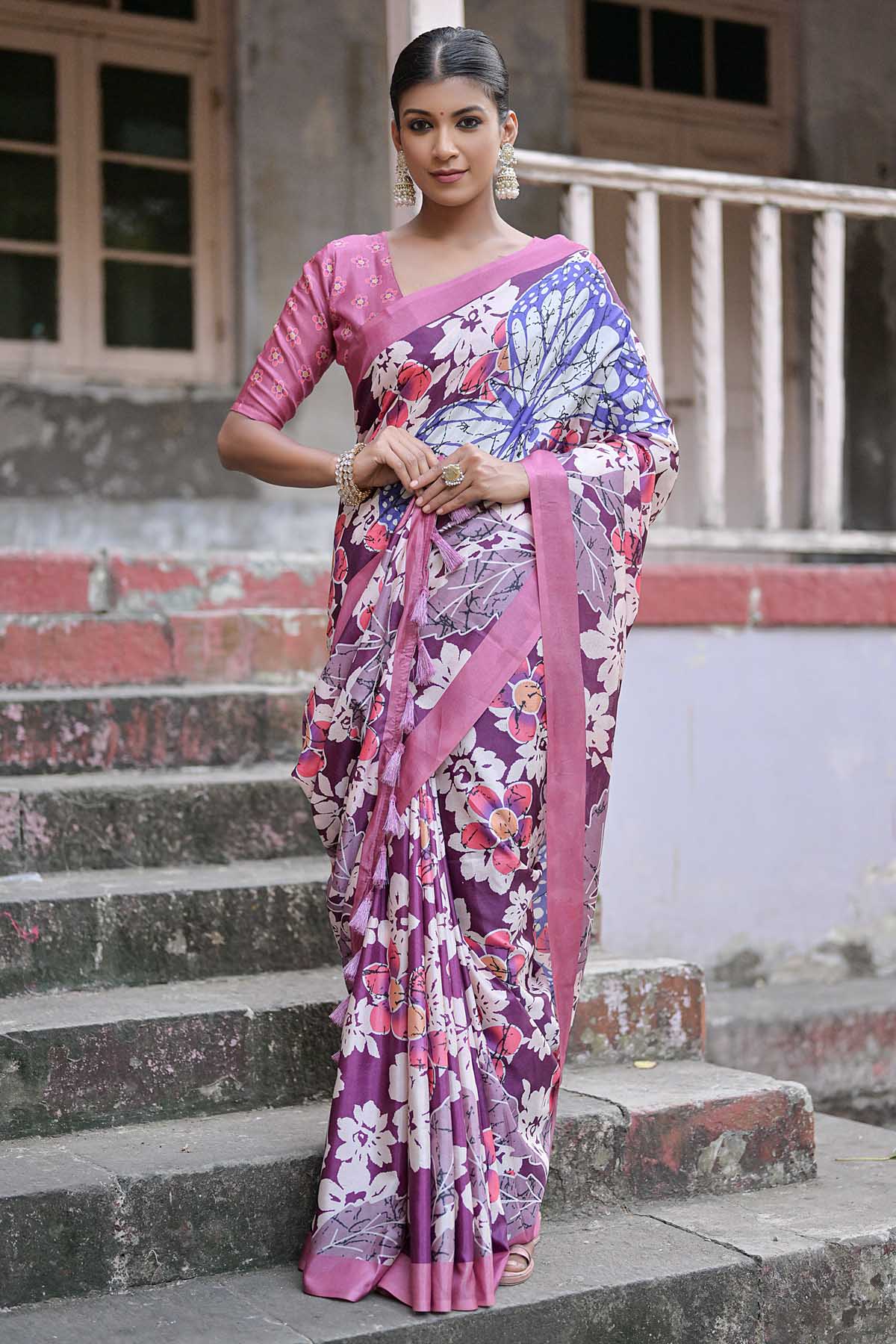 Buy Designer Wine Floral & Butterfly Saree Online
