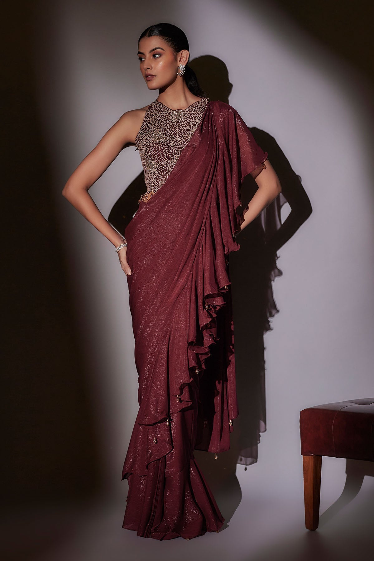 Buy Wine Frill Pre-Draped Saree by Ajiesh Oberoi for women online at ScrollnShops