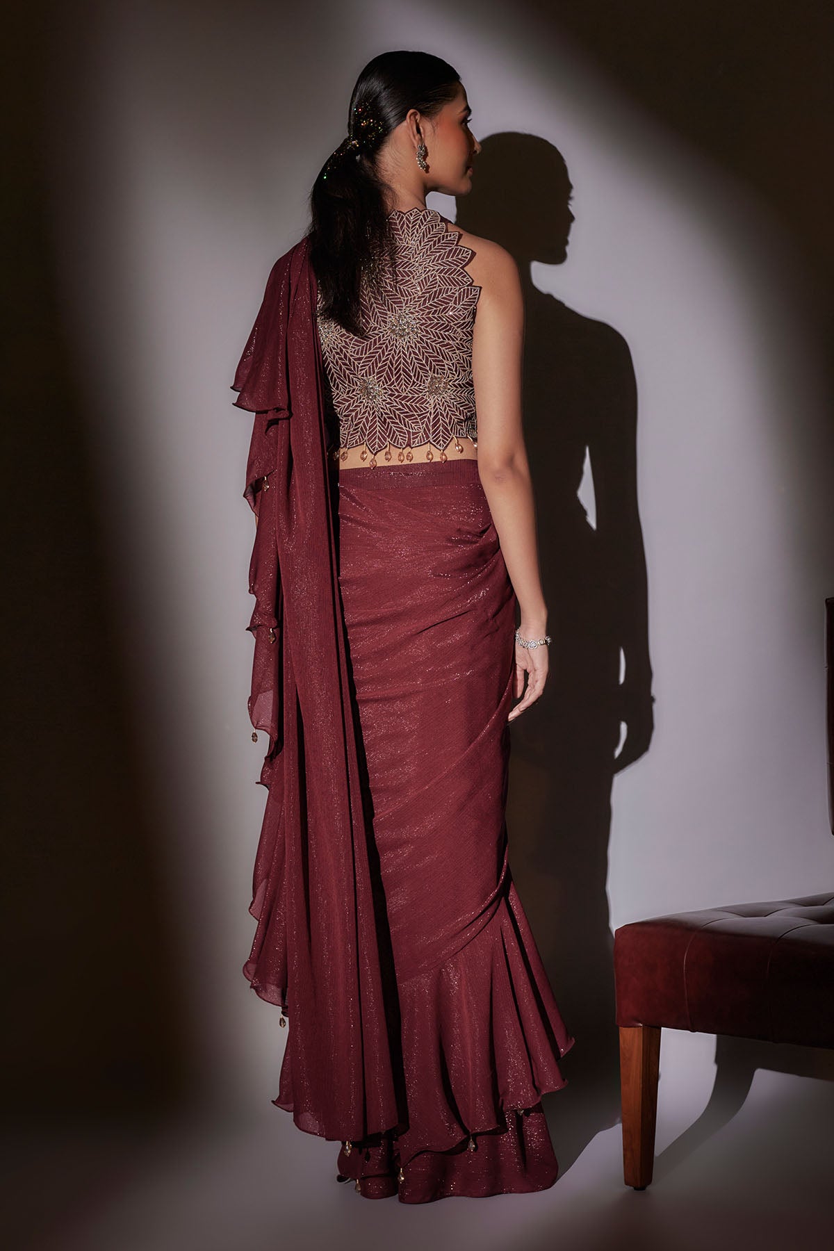 Wine Frill Pre-Draped Saree