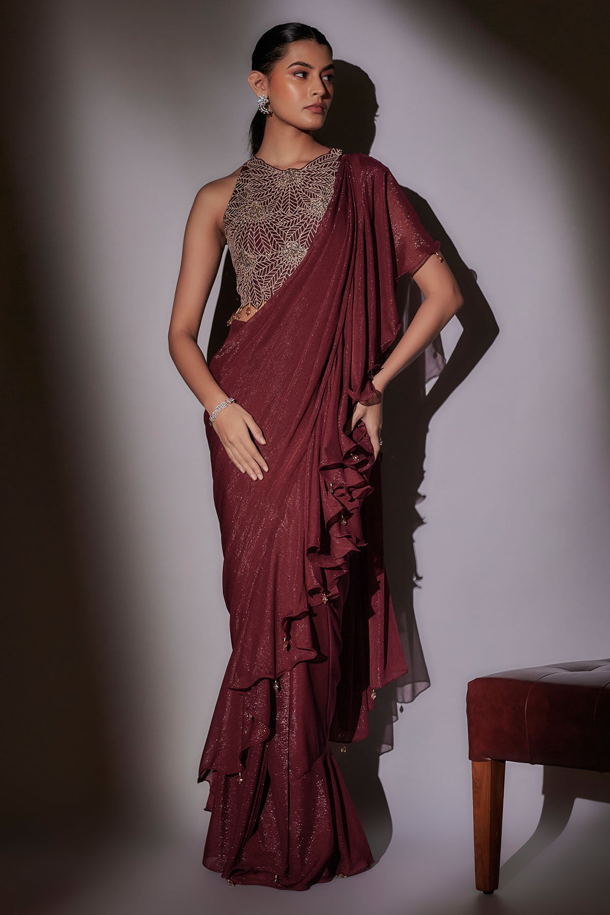 Wine Frill Pre-Draped Saree