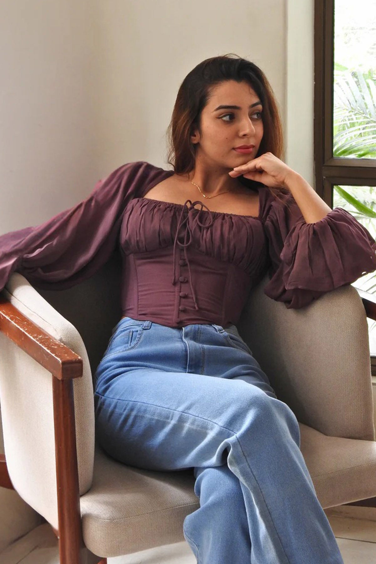 Buy Wine Gathered Bustier Crop Top for women by Seoraa online available at scrollnshops