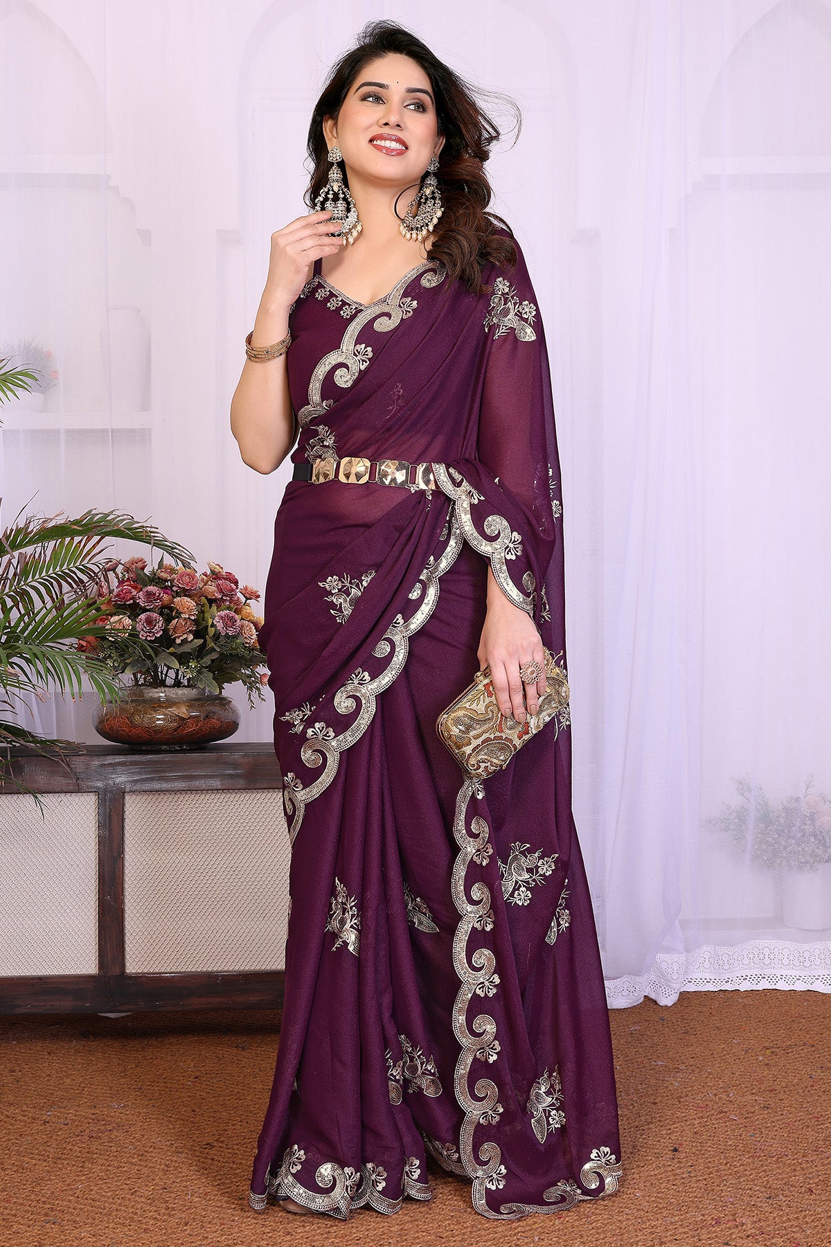 Wine Georgette Embroidery Saree