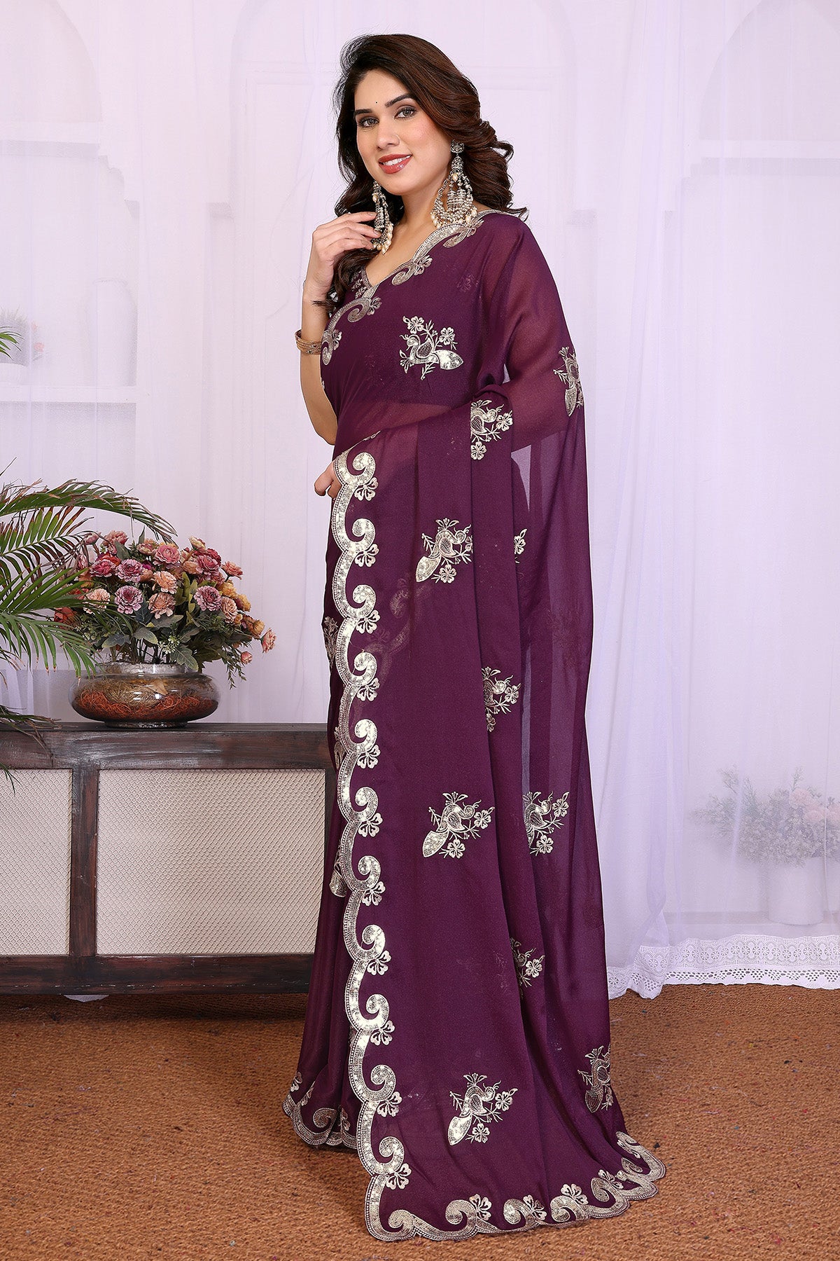 Wine Georgette Embroidery Saree