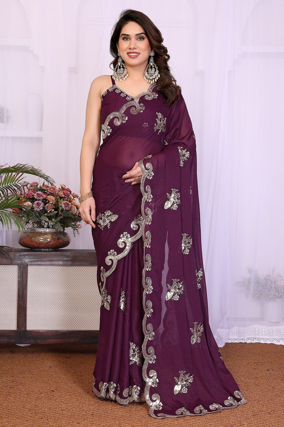 Buy Wine Georgette Embroidery Saree for women by Aastha Fashion online available at scrollnshops