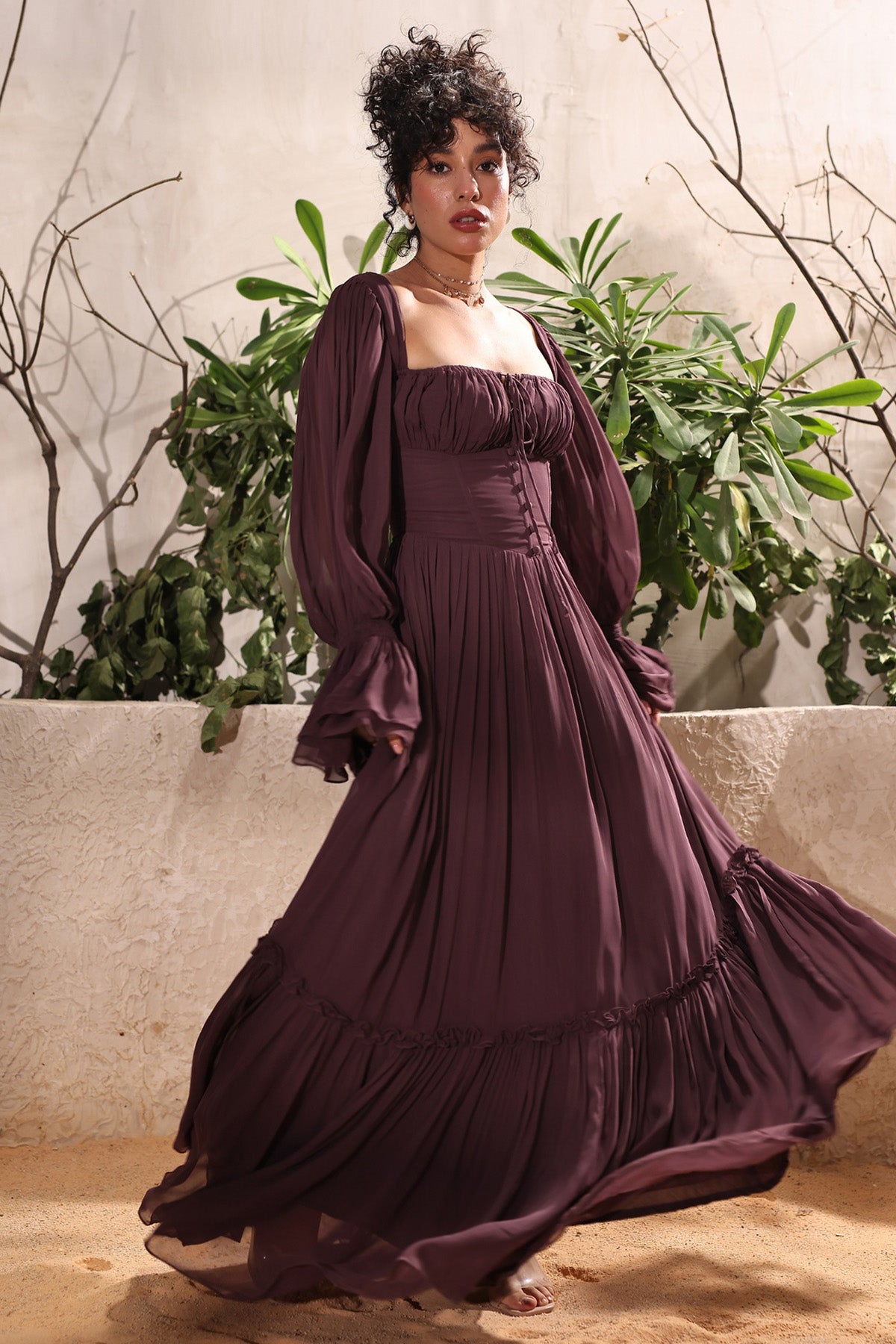 Wine Georgette Flowing Dress