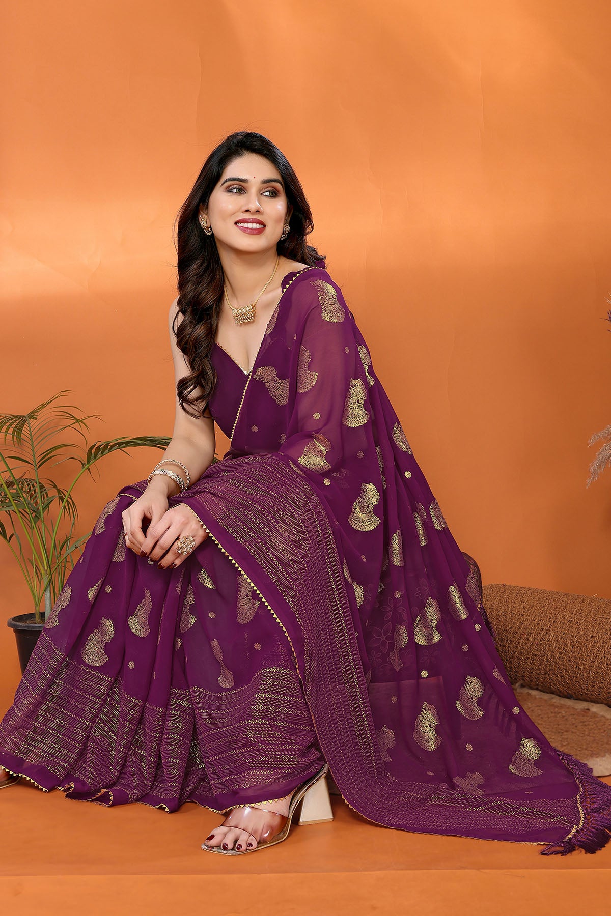 Wine Georgette Foil Work Saree