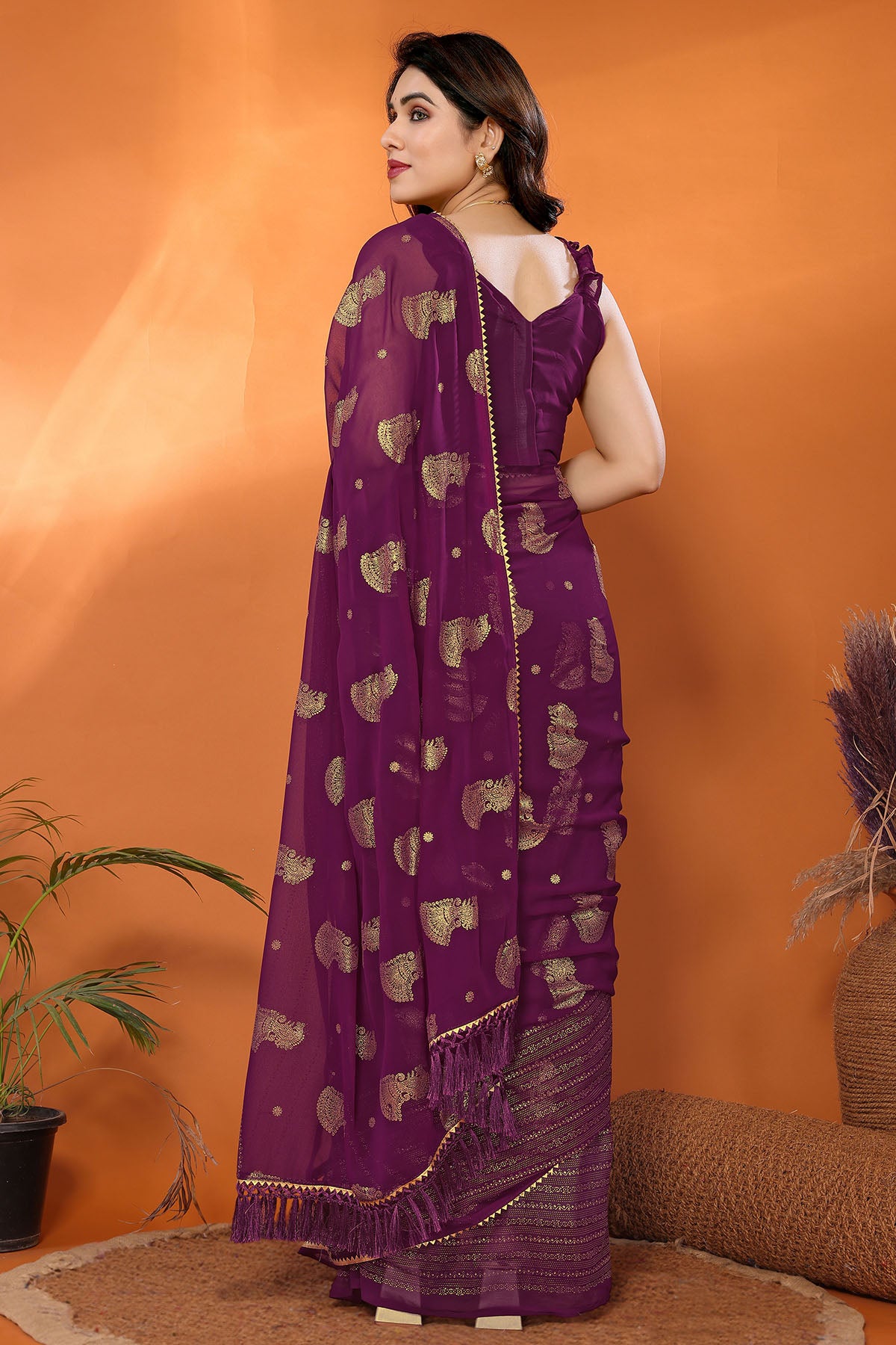 Wine Georgette Foil Work Saree