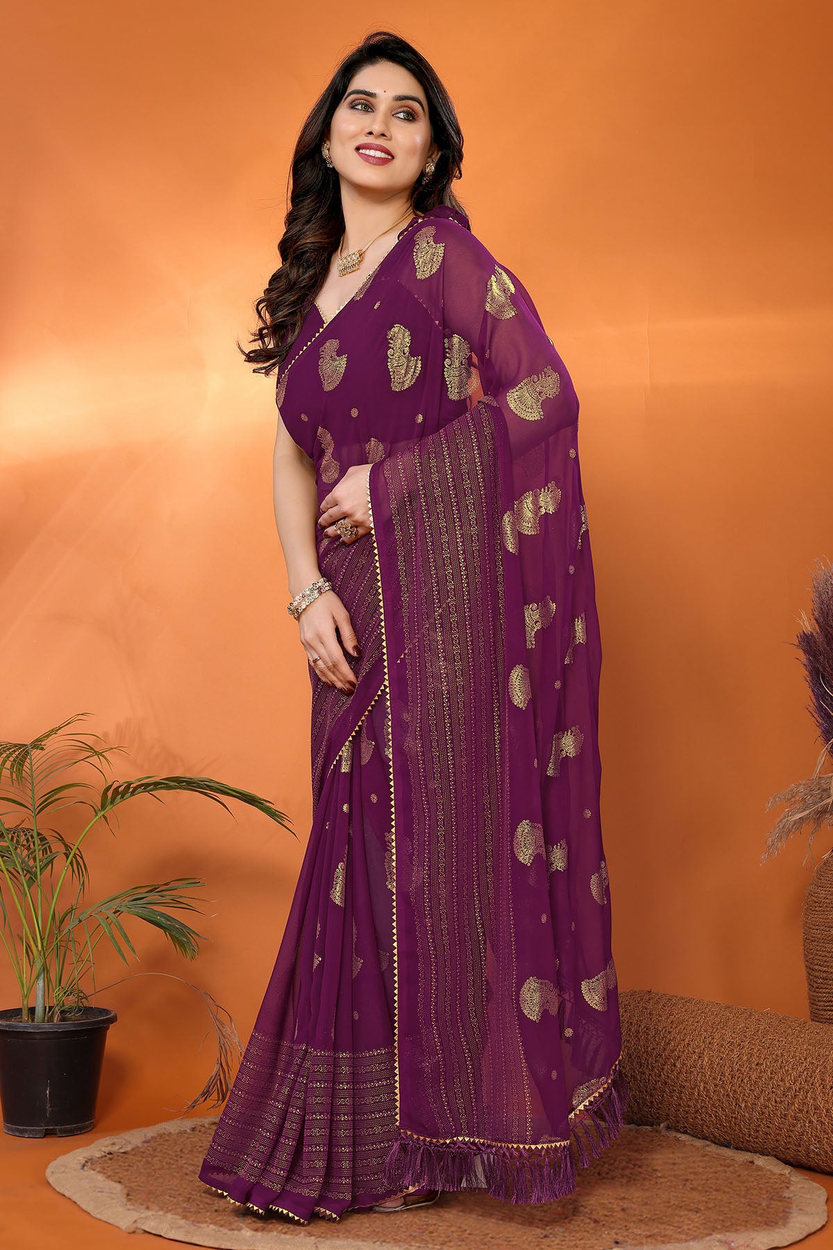Wine Georgette Foil Work Saree
