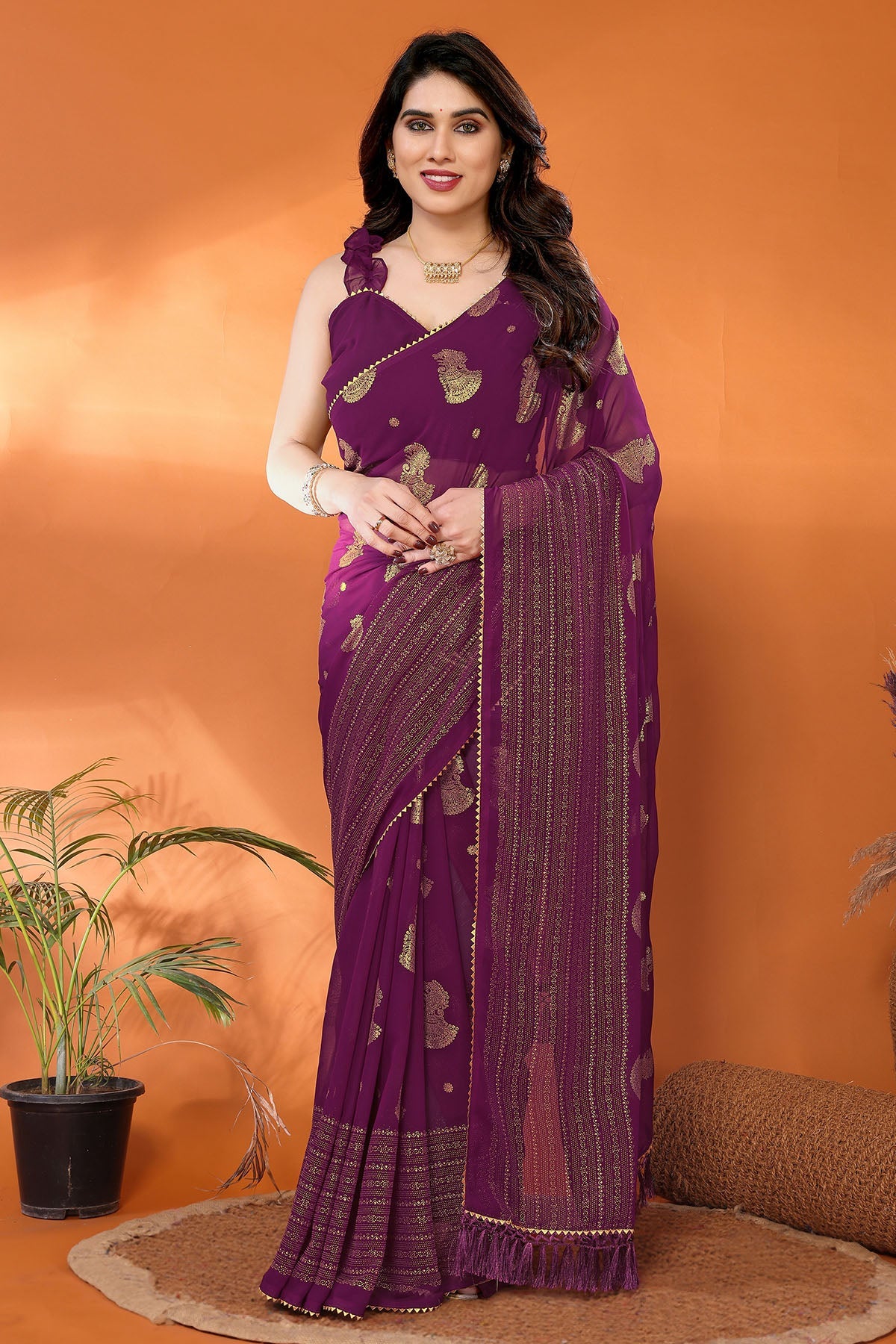 Buy Wine Georgette Foil Work Saree for women by Aastha Fashion online available at scrollnshops