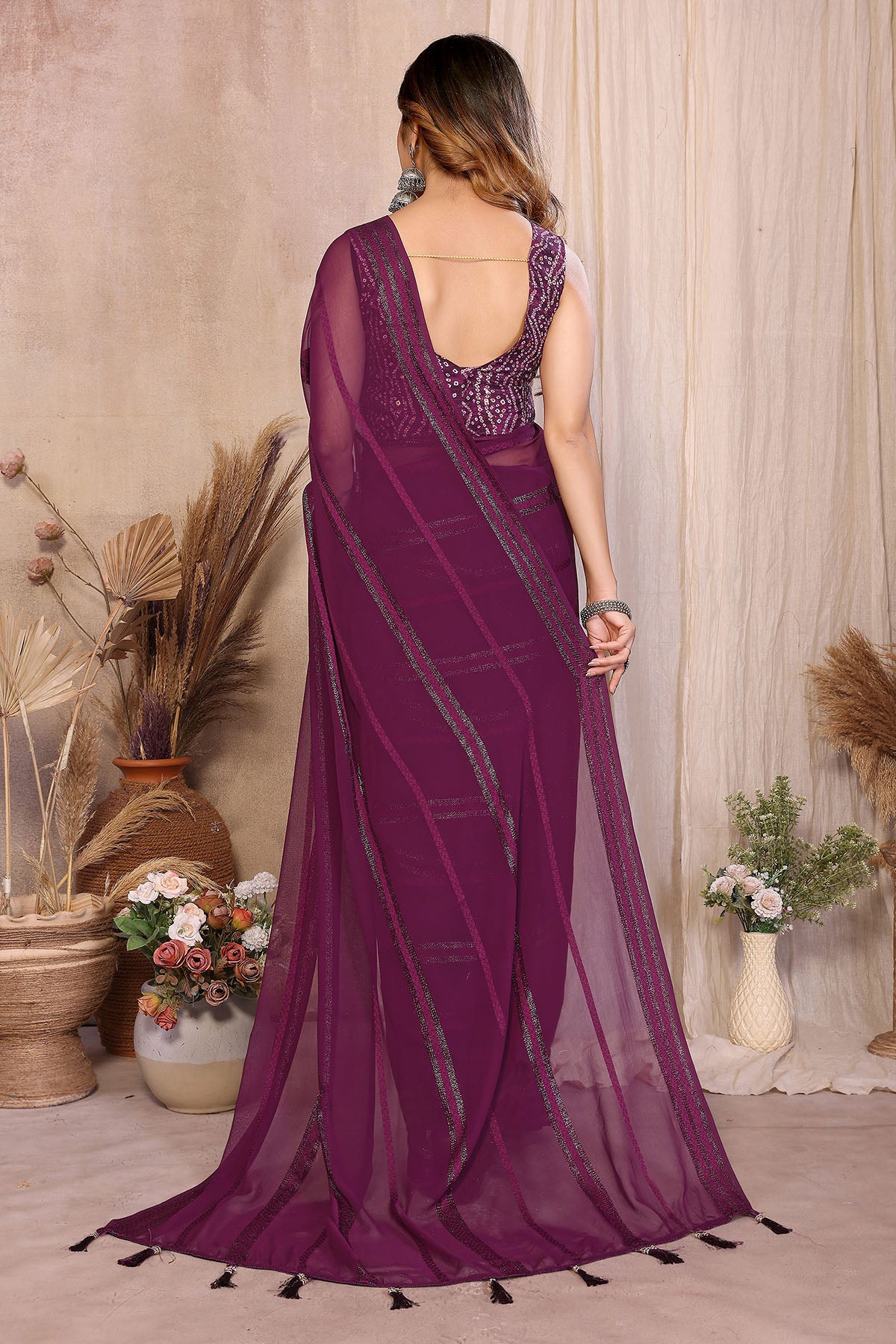 Wine Georgette Kaju Patta Saree