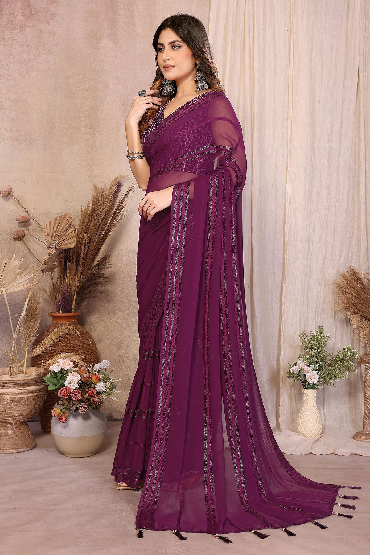 Wine Georgette Kaju Patta Saree