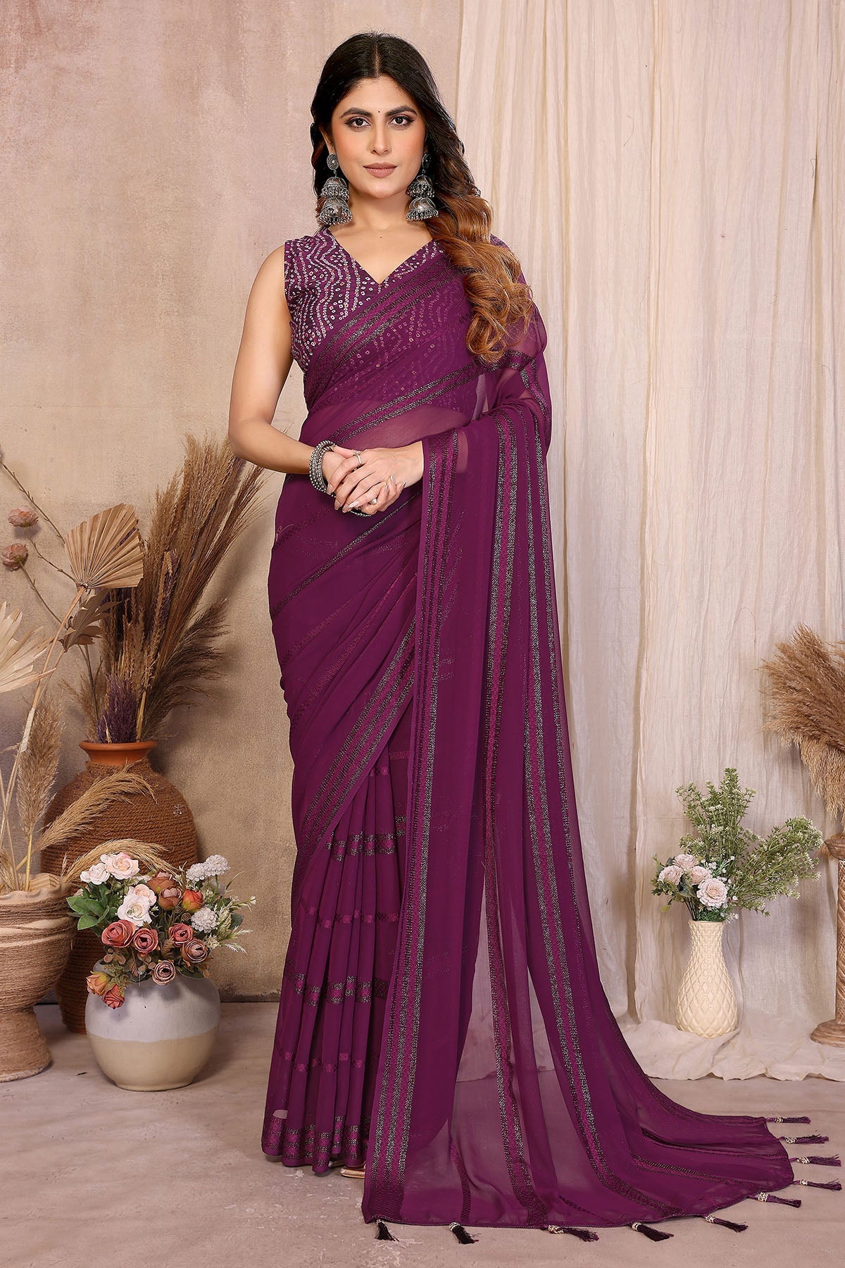 Buy Wine Georgette Kaju Patta Saree for women by Aastha Fashion online available at scrollnshops
