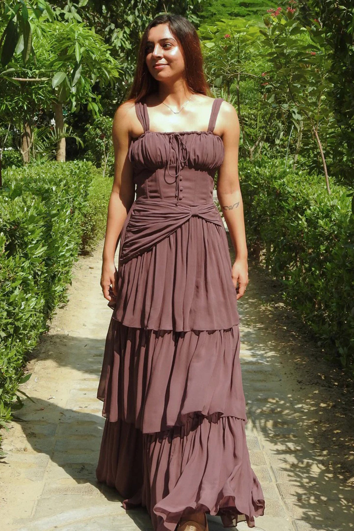 Wine Georgette Tier Mini Dress