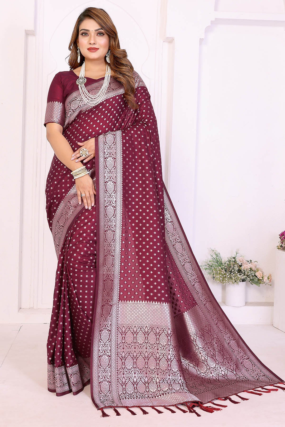 Buy Wine Georgette Weaving Saree for women by Aastha Fashion online available at scrollnshops