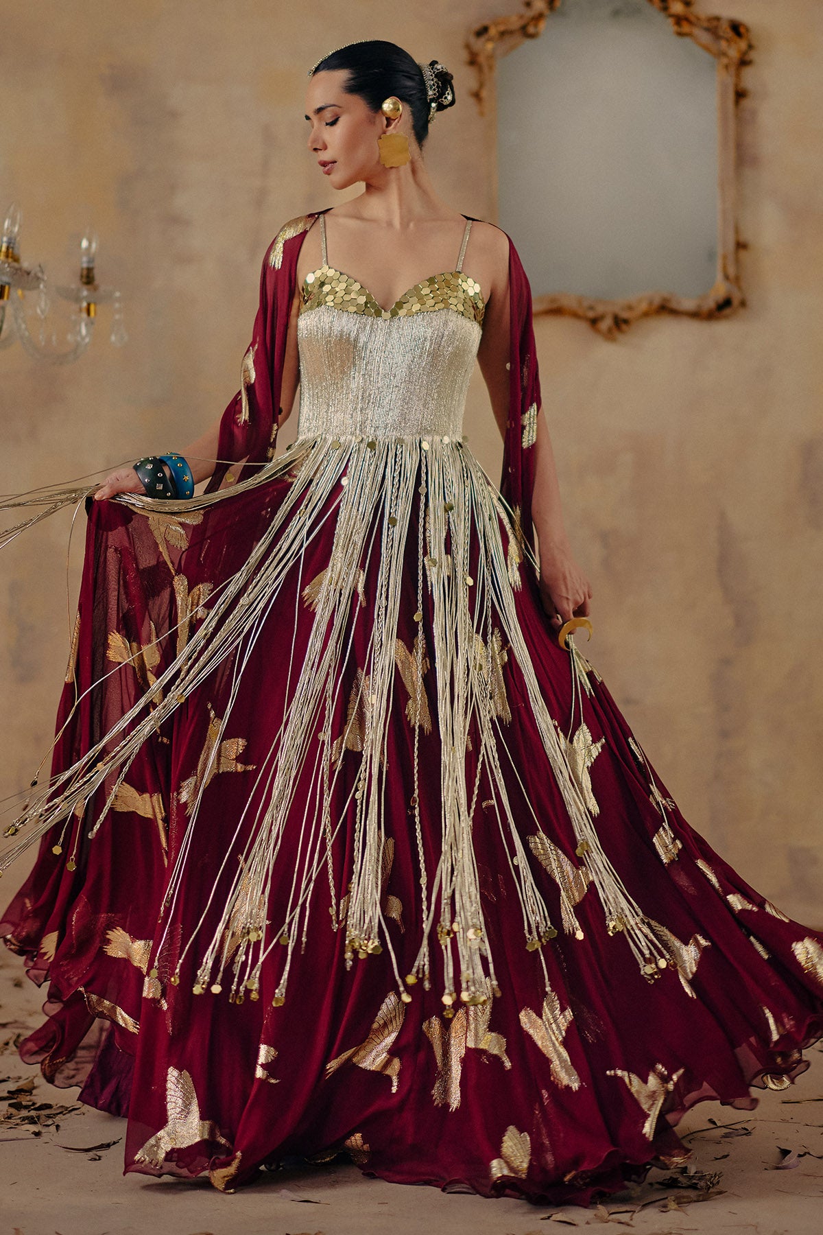 Wine Gold Dori Bird Lehenga Set