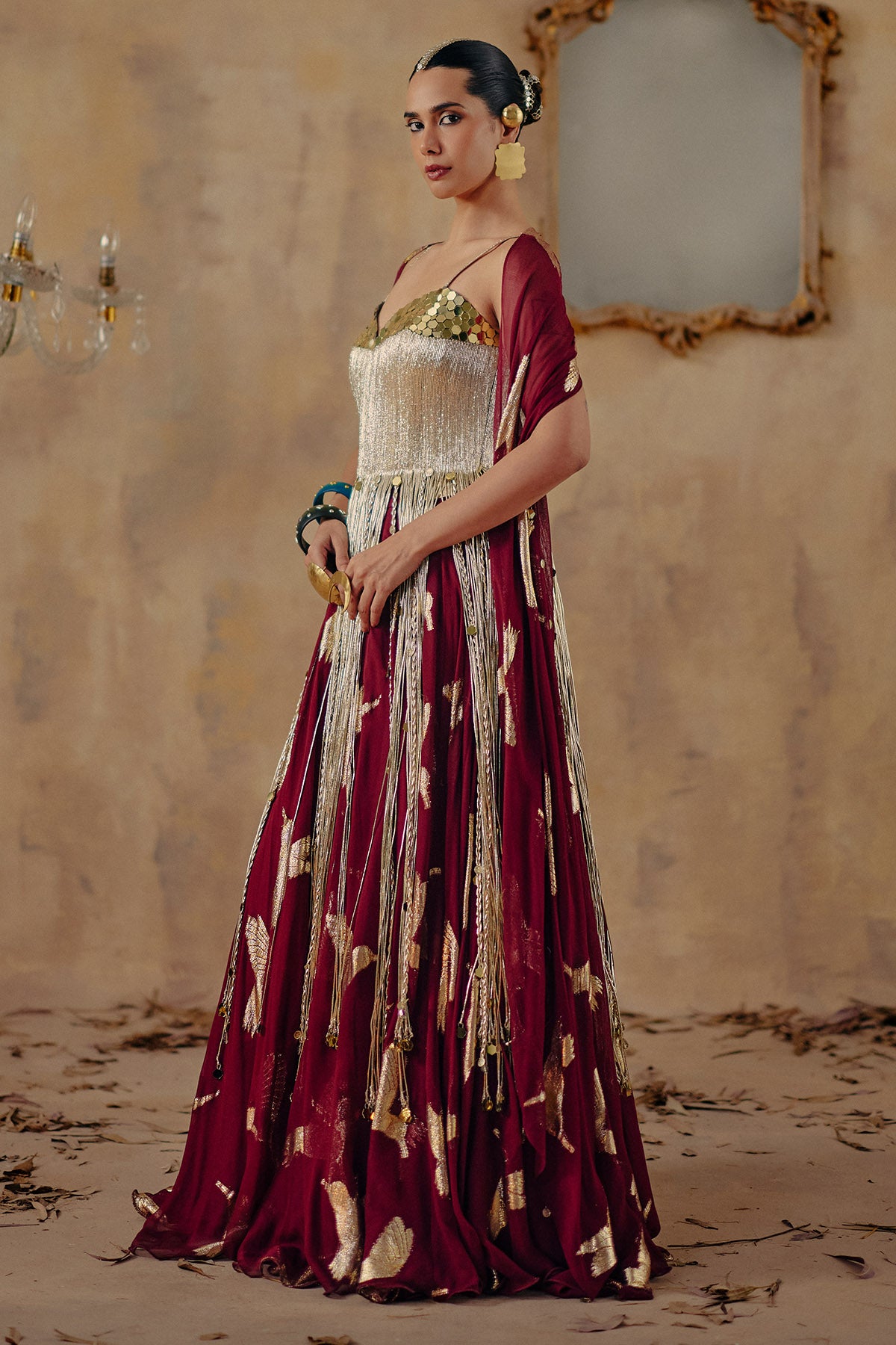 Wine Gold Dori Bird Lehenga Set