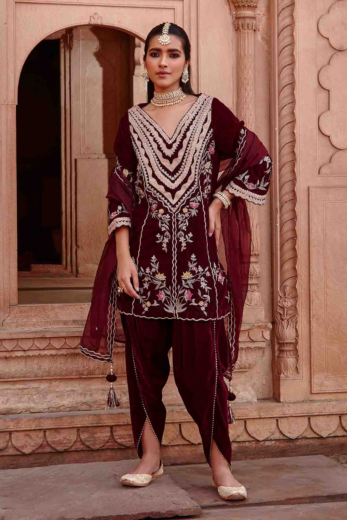 Buy Wine Hand Embroidered Dhoti Set Online