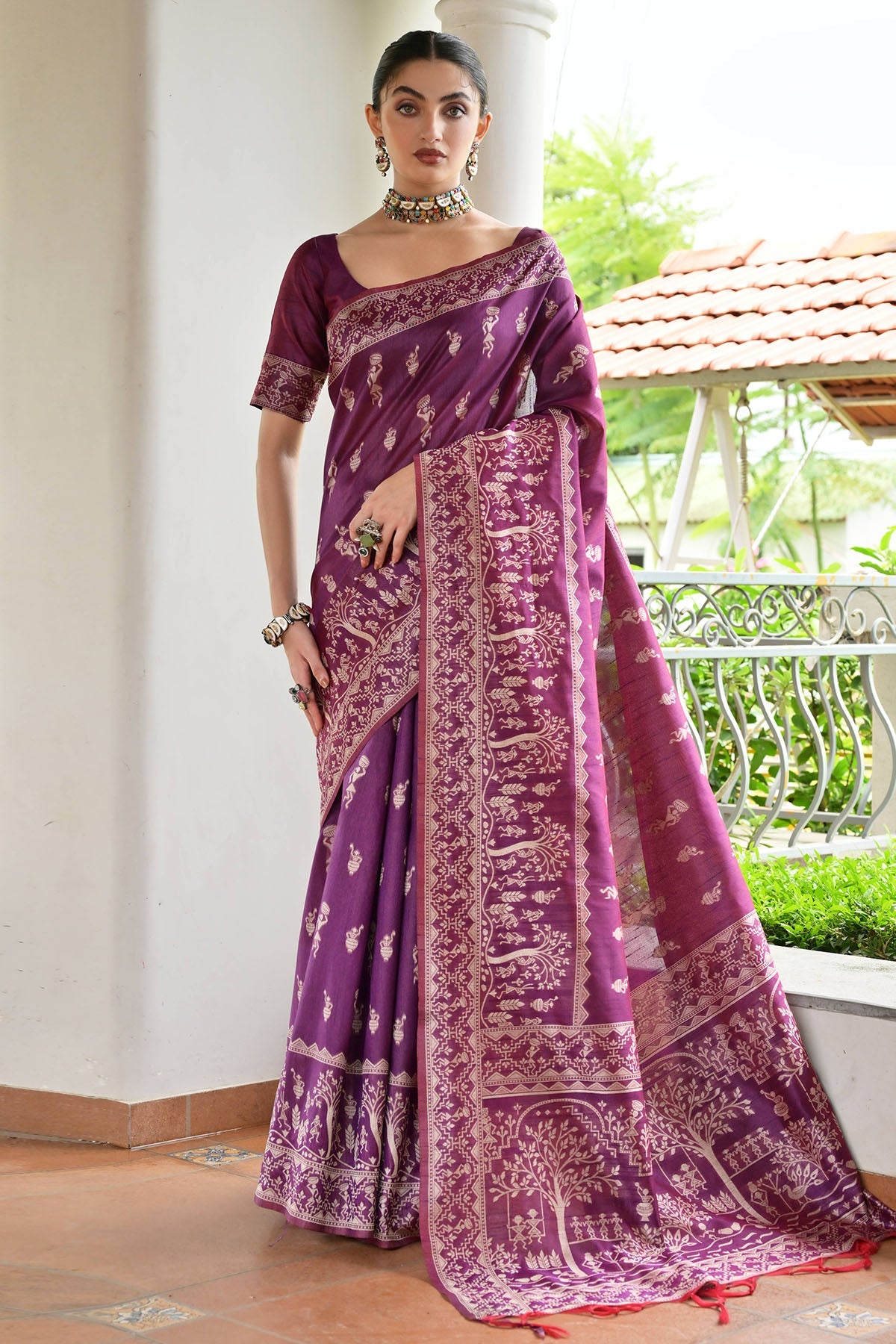 Buy Wine Handloom Raw Silk Saree for women by Lili Lala Designer online available at scrollnshops