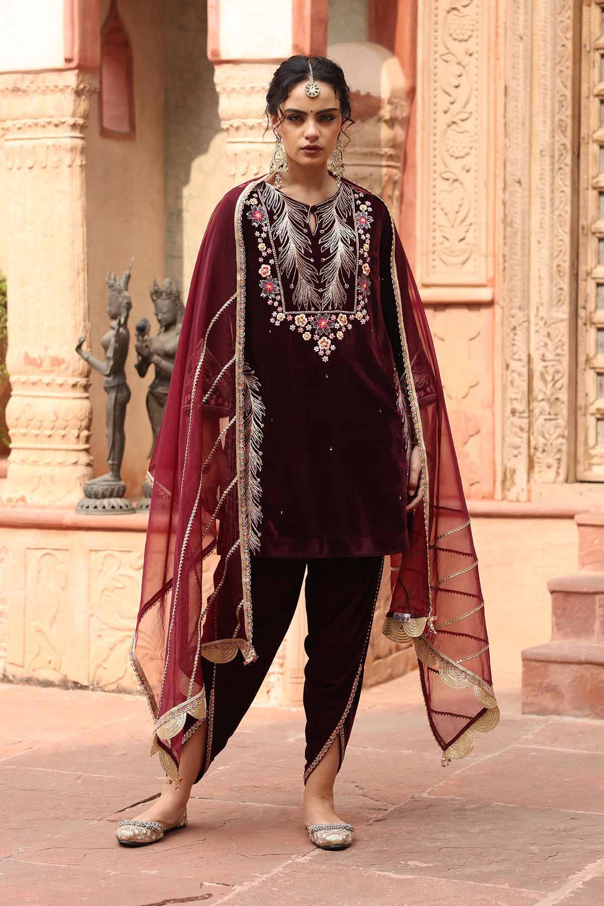 Buy Wine Heavy Embroidered Dhoti Set Online