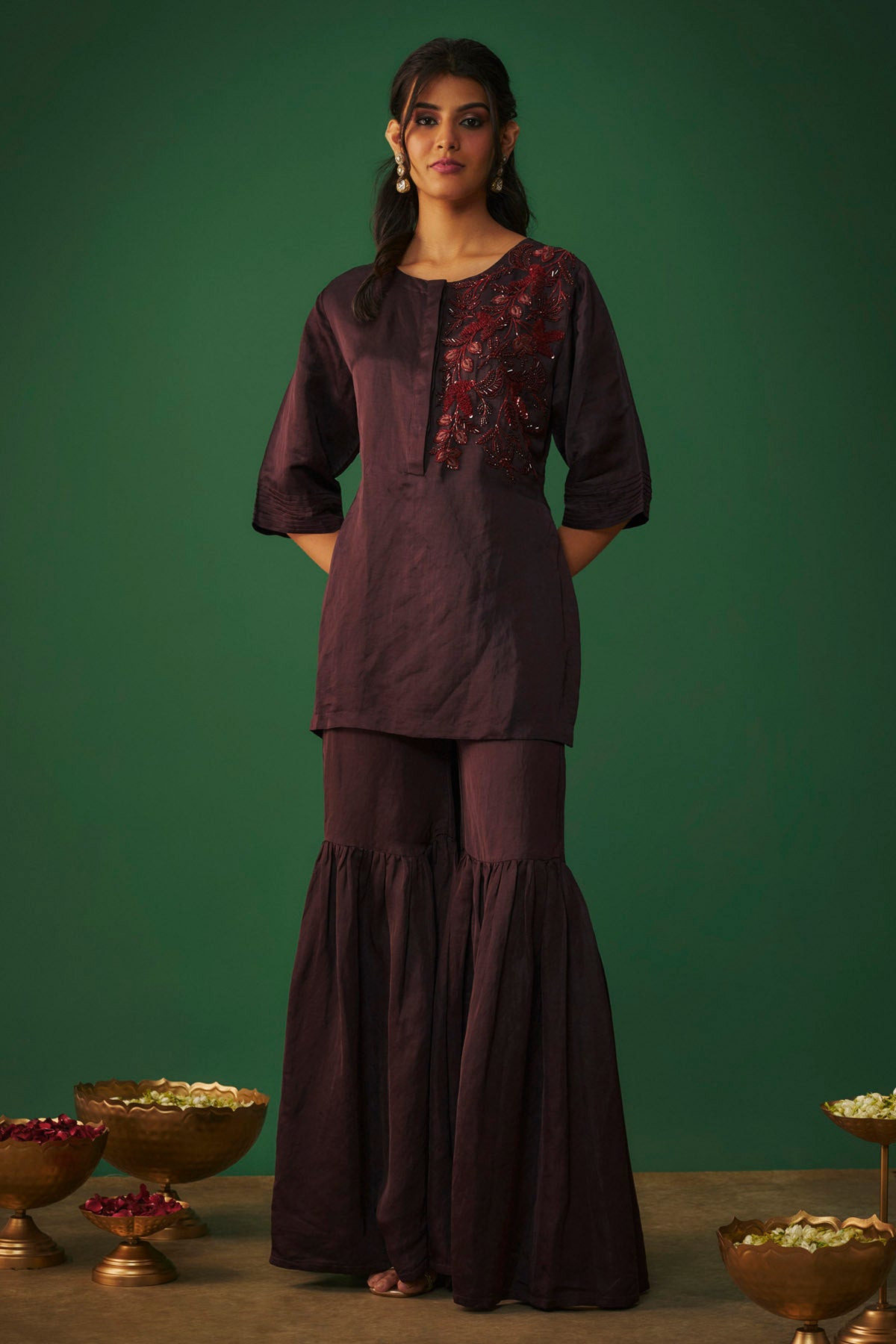 Wine High Low Kurta & Sharara