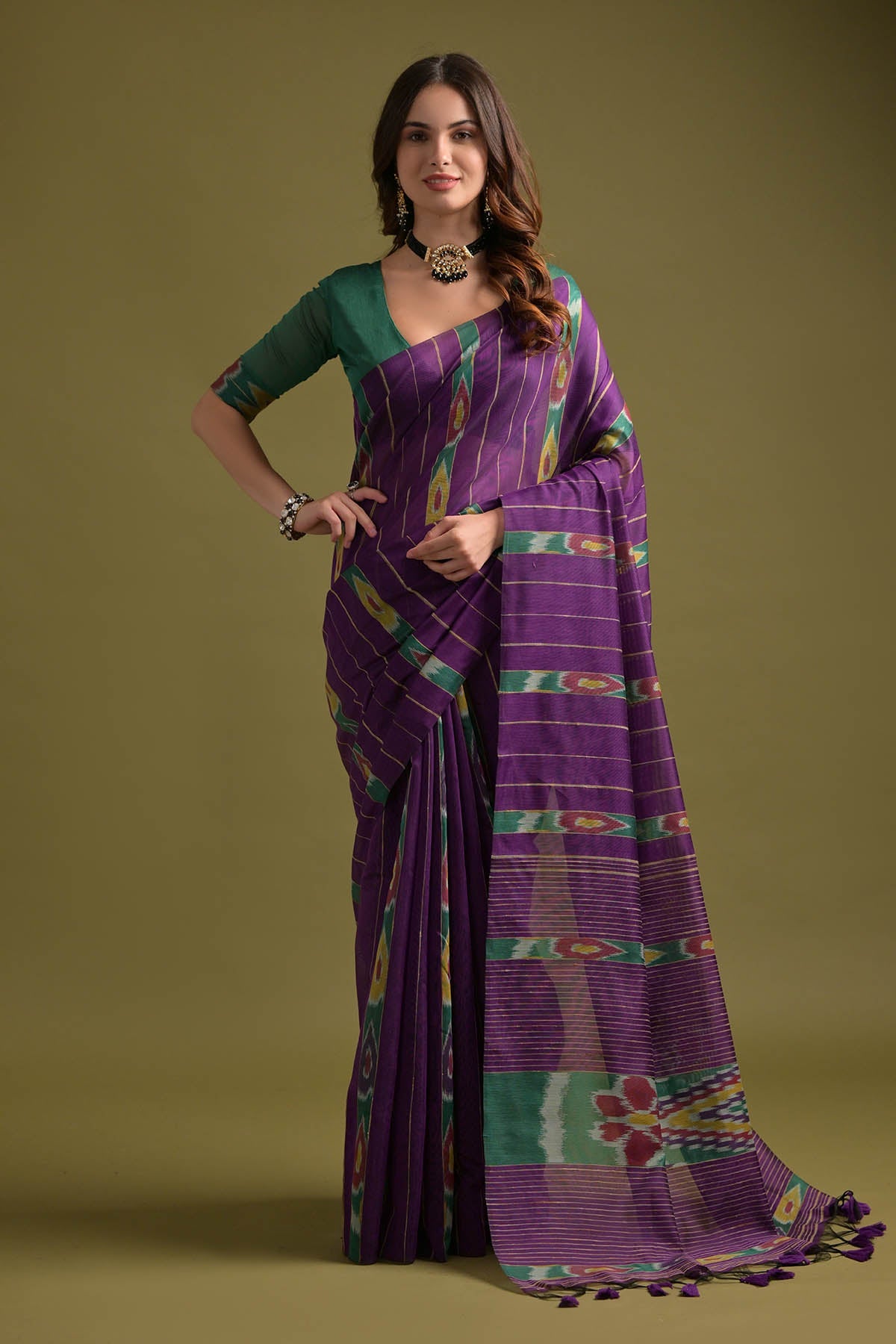 Buy Wine Ikkat Cotton Printed Saree by Lili Lala for women online at ScrollnShops