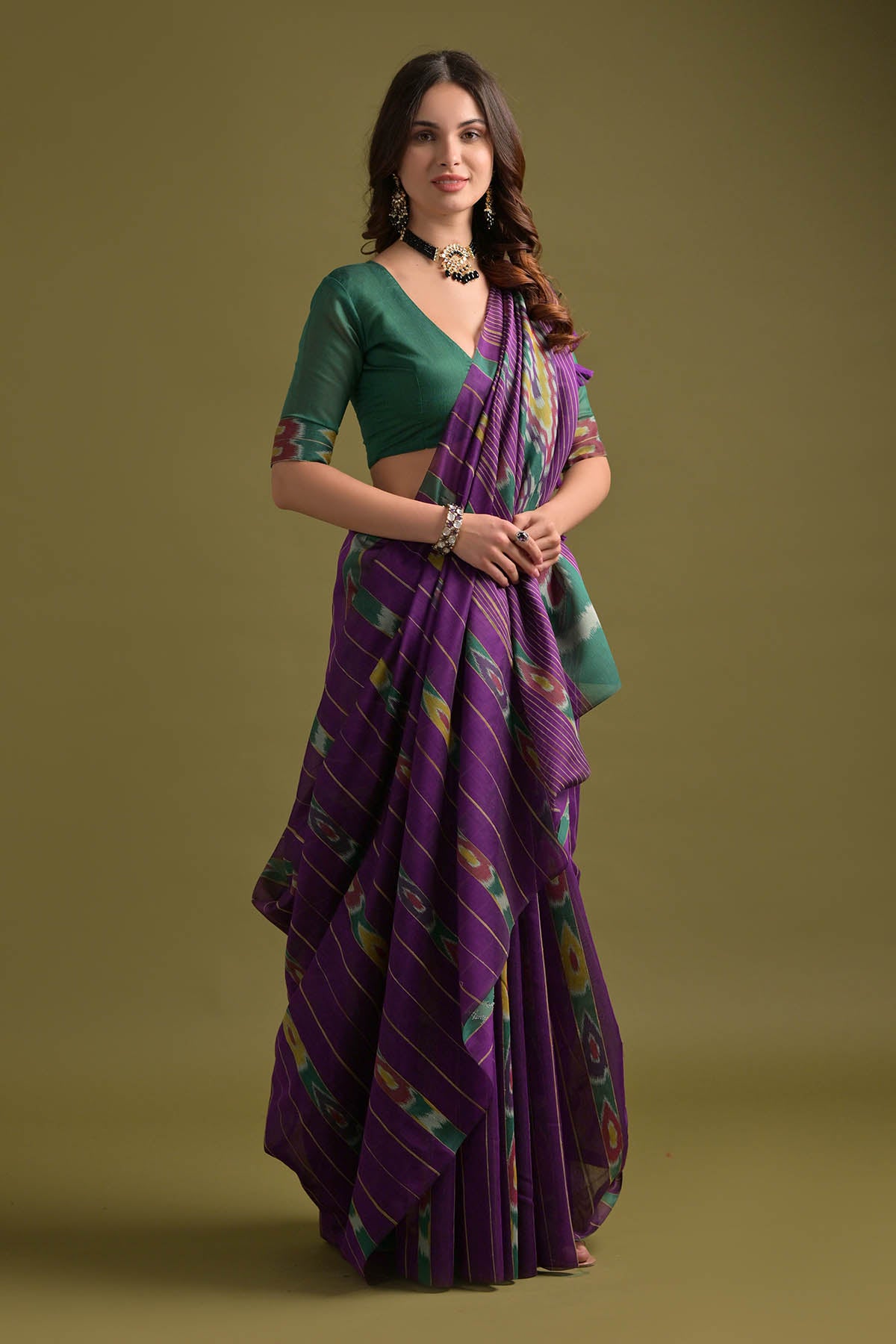 Wine Ikkat Cotton Printed Saree