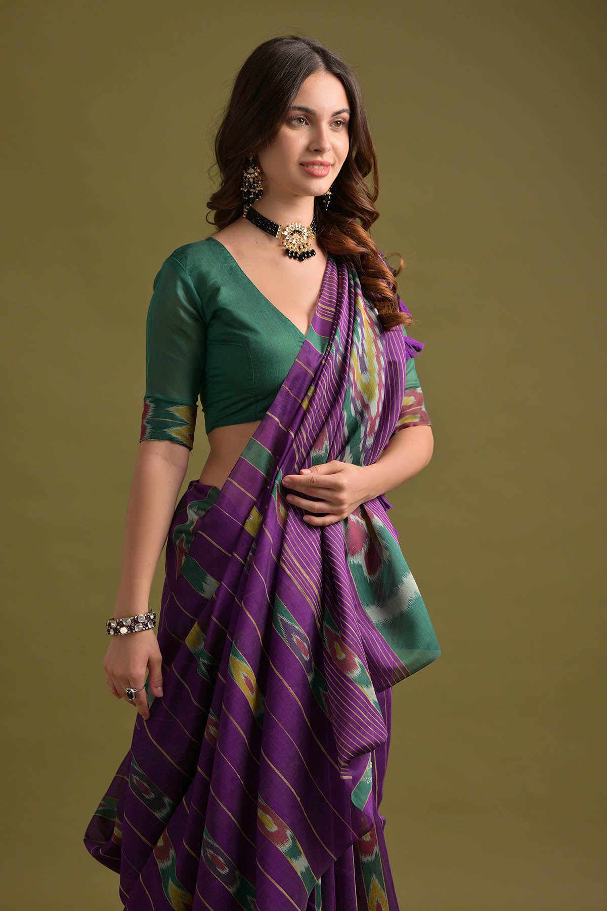 Wine Ikkat Cotton Printed Saree