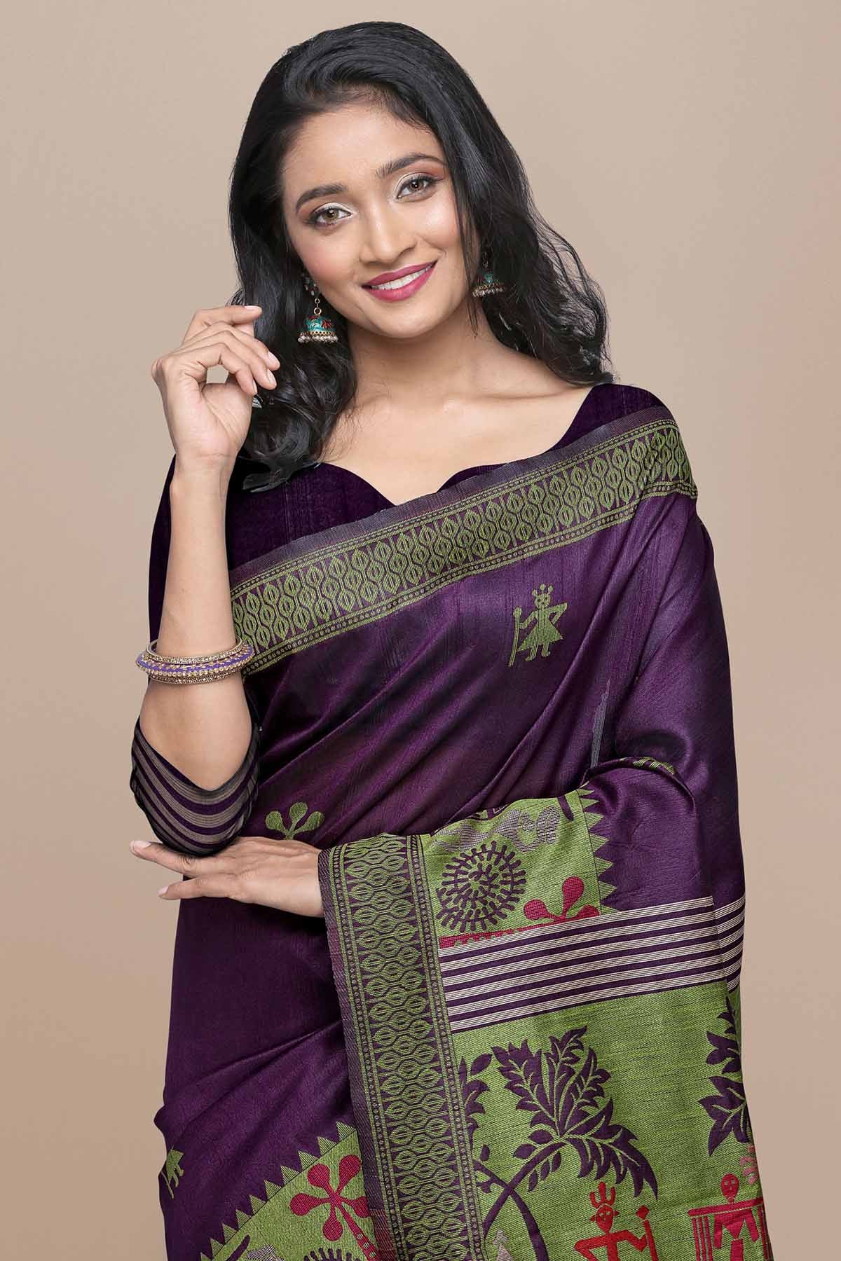 Wine Kalamkari Raw Silk Saree