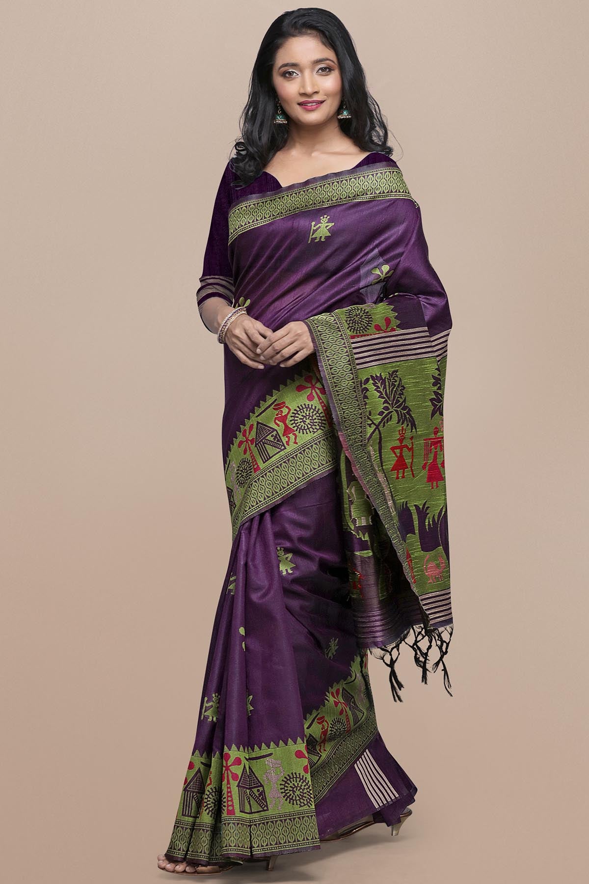Wine Kalamkari Raw Silk Saree