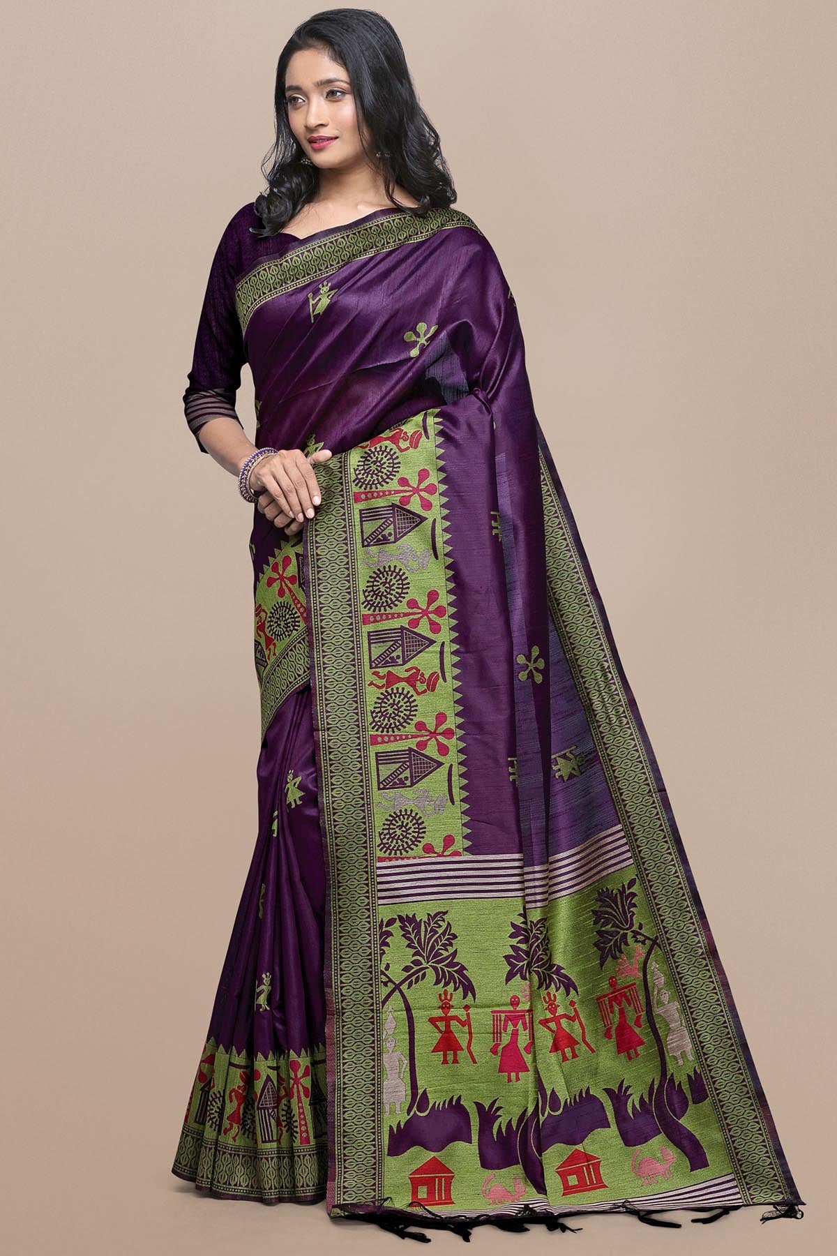 Buy Wine Kalamkari Raw Silk Saree by Lili Lala for women online at ScrollnShops