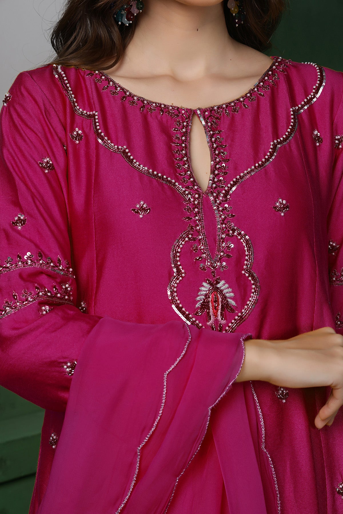 Wine Katan Silk Pearl Kurta Set