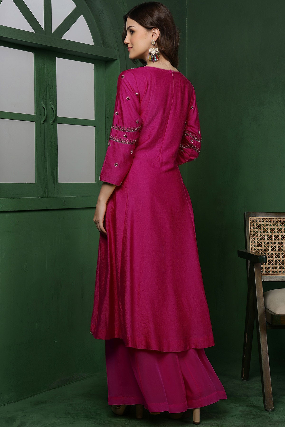 Wine Katan Silk Pearl Kurta Set