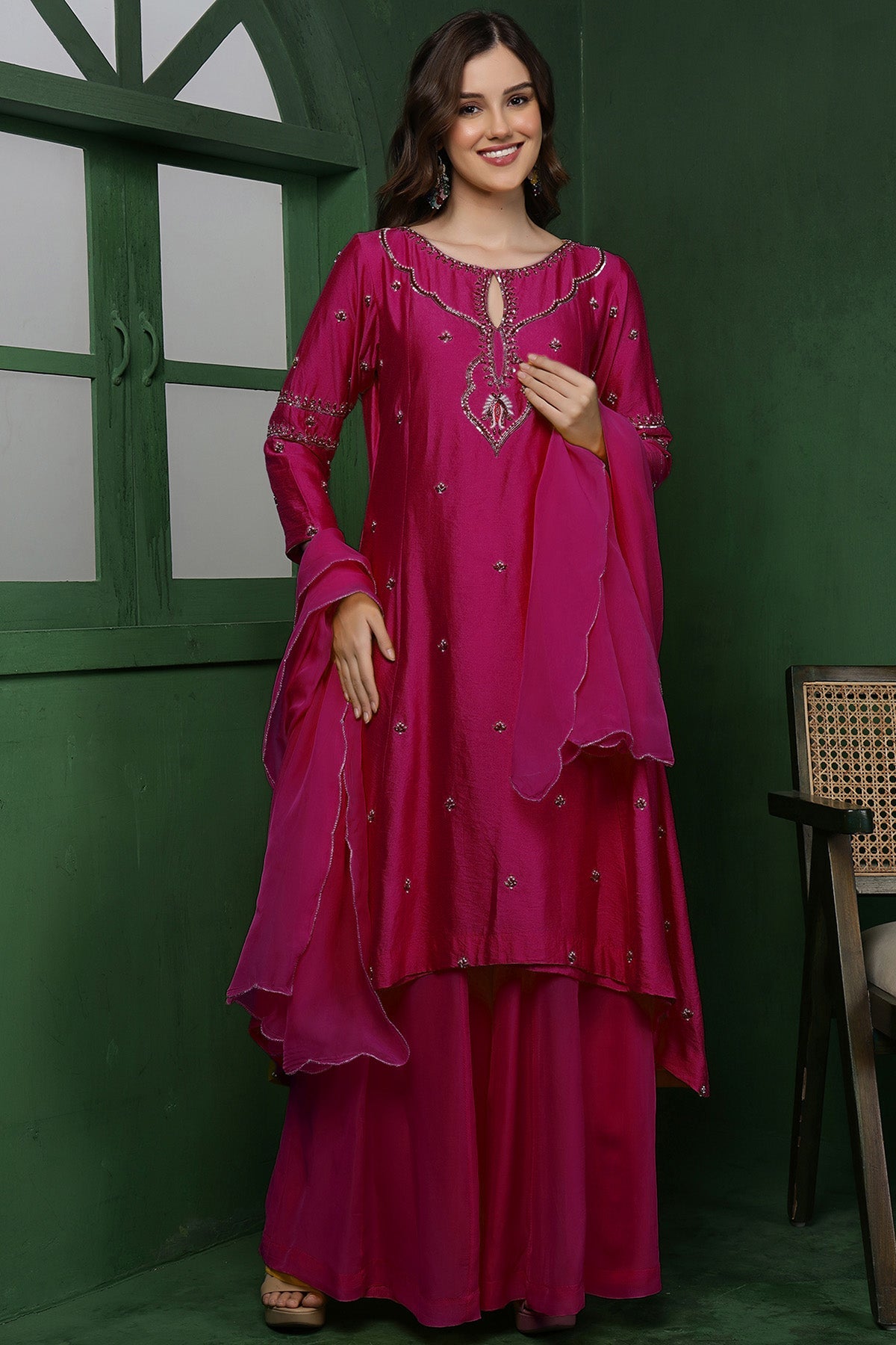 Buy Wine Katan Silk Pearl Kurta Set for women by Milu Madan online available at scrollnshops