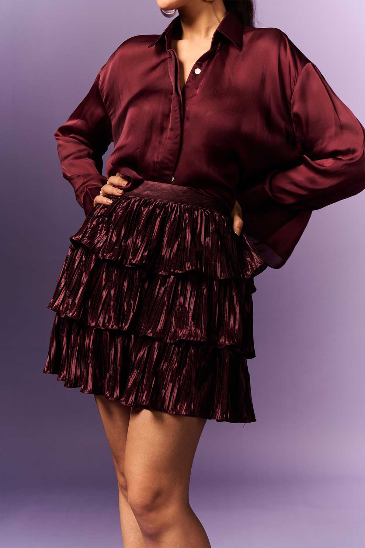 Wine Loose Shirt & Layered Skirt