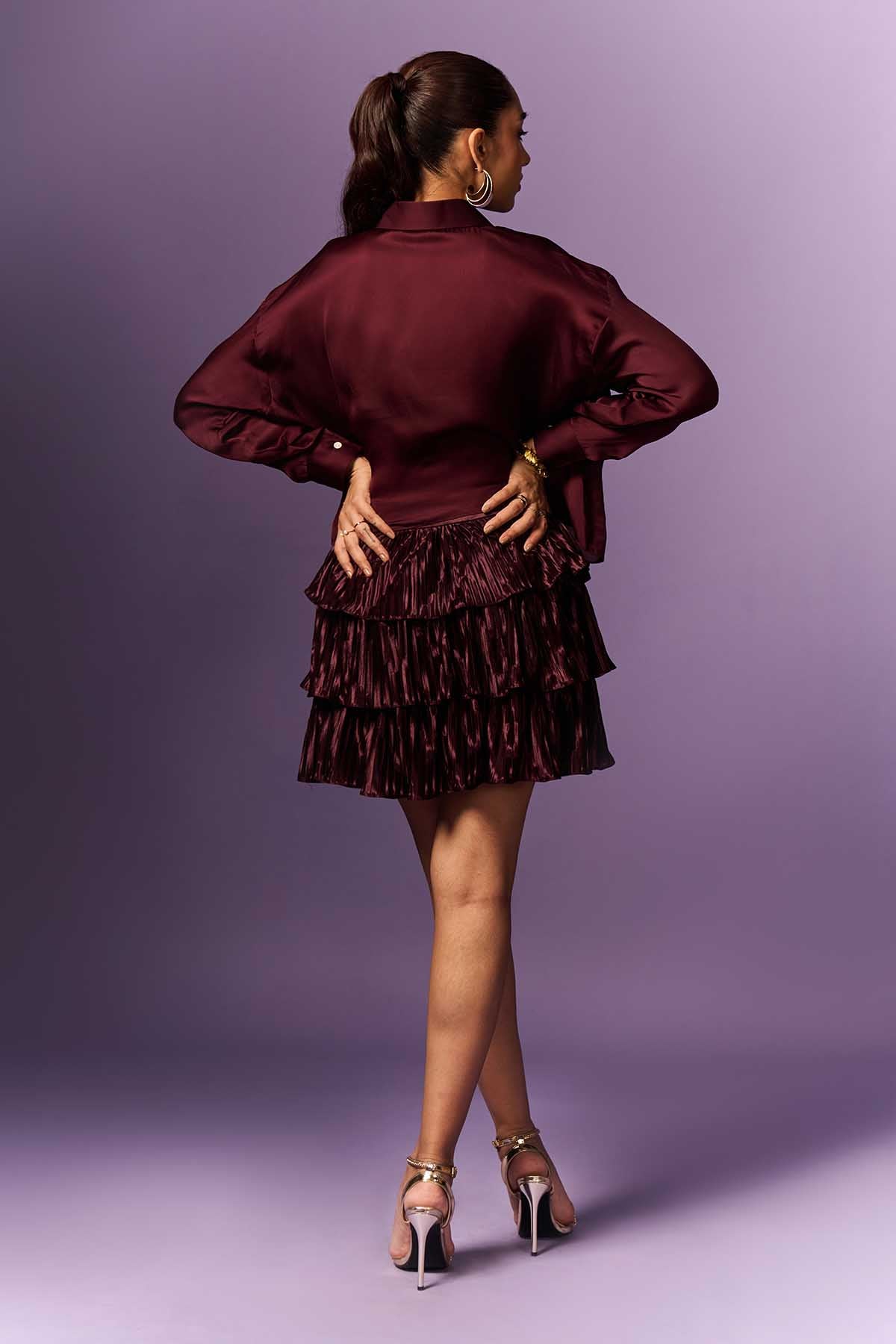 Wine Loose Shirt & Layered Skirt