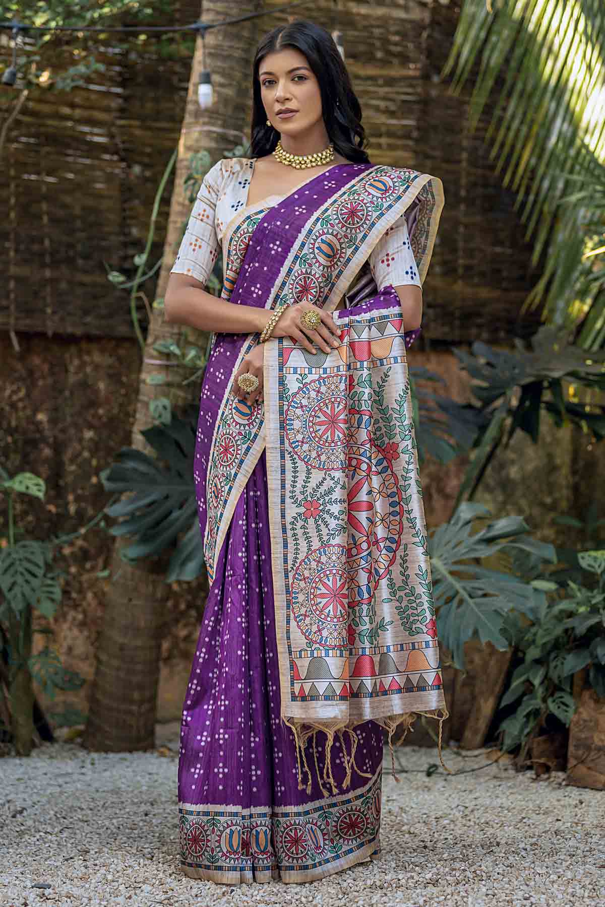 Buy Designer Wine Madhubani Print Saree Online