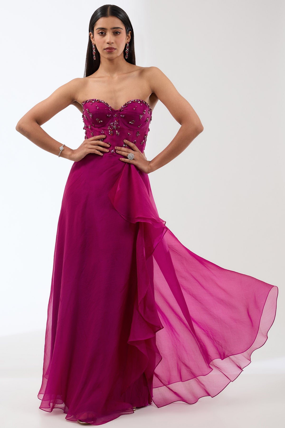 Anjali Kanwar Wine Off Shoulder Ruffle Gown for women online at ScrollnShops