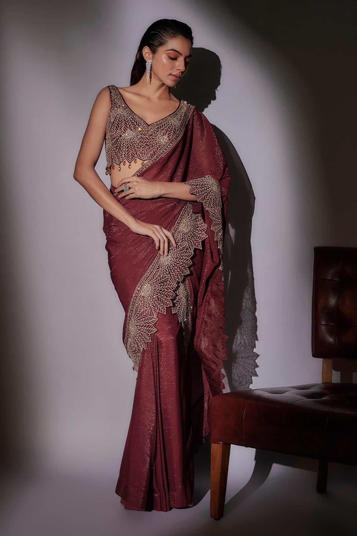 Wine Pre-Draped Saree & Blouse