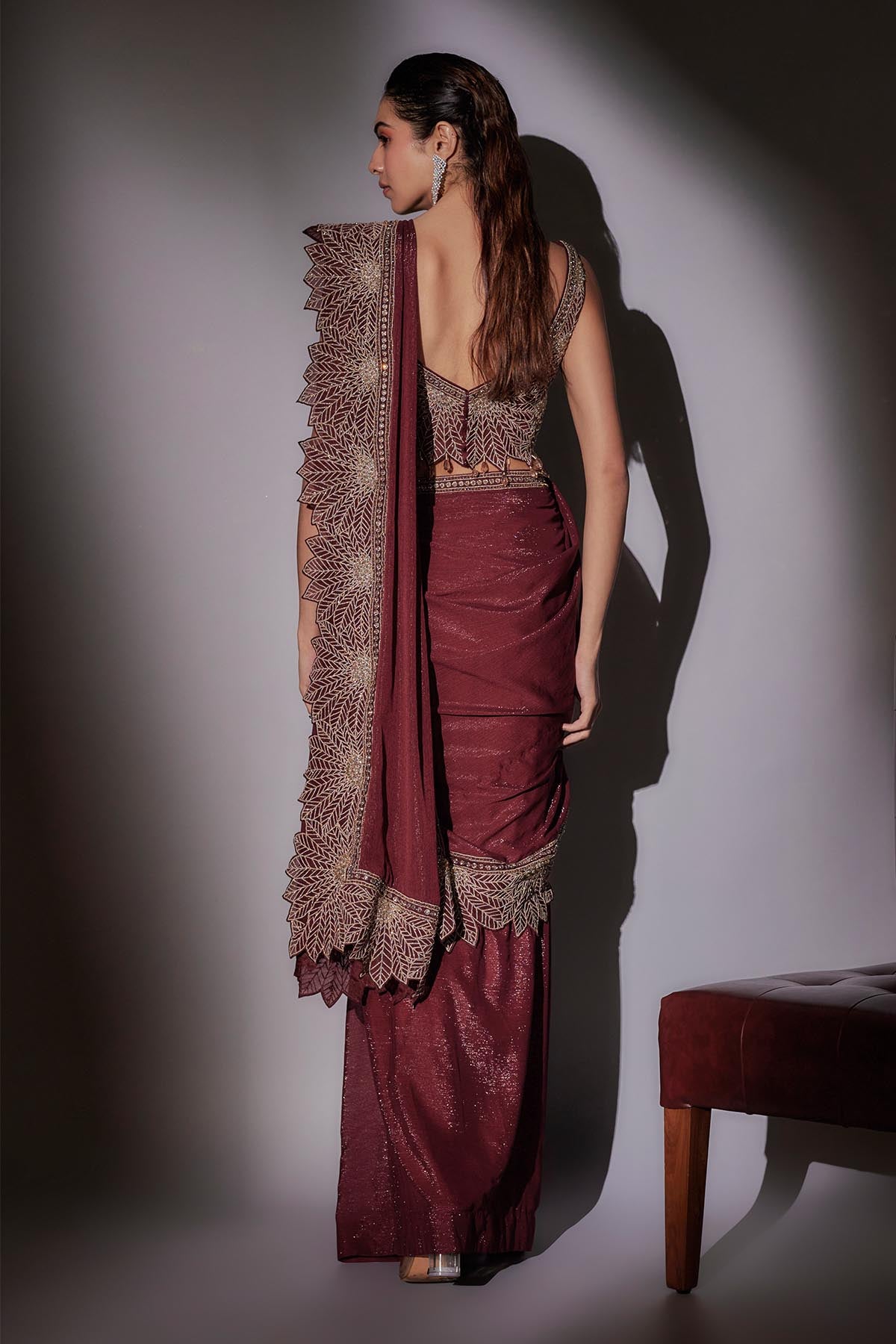 Wine Pre-Draped Saree & Blouse