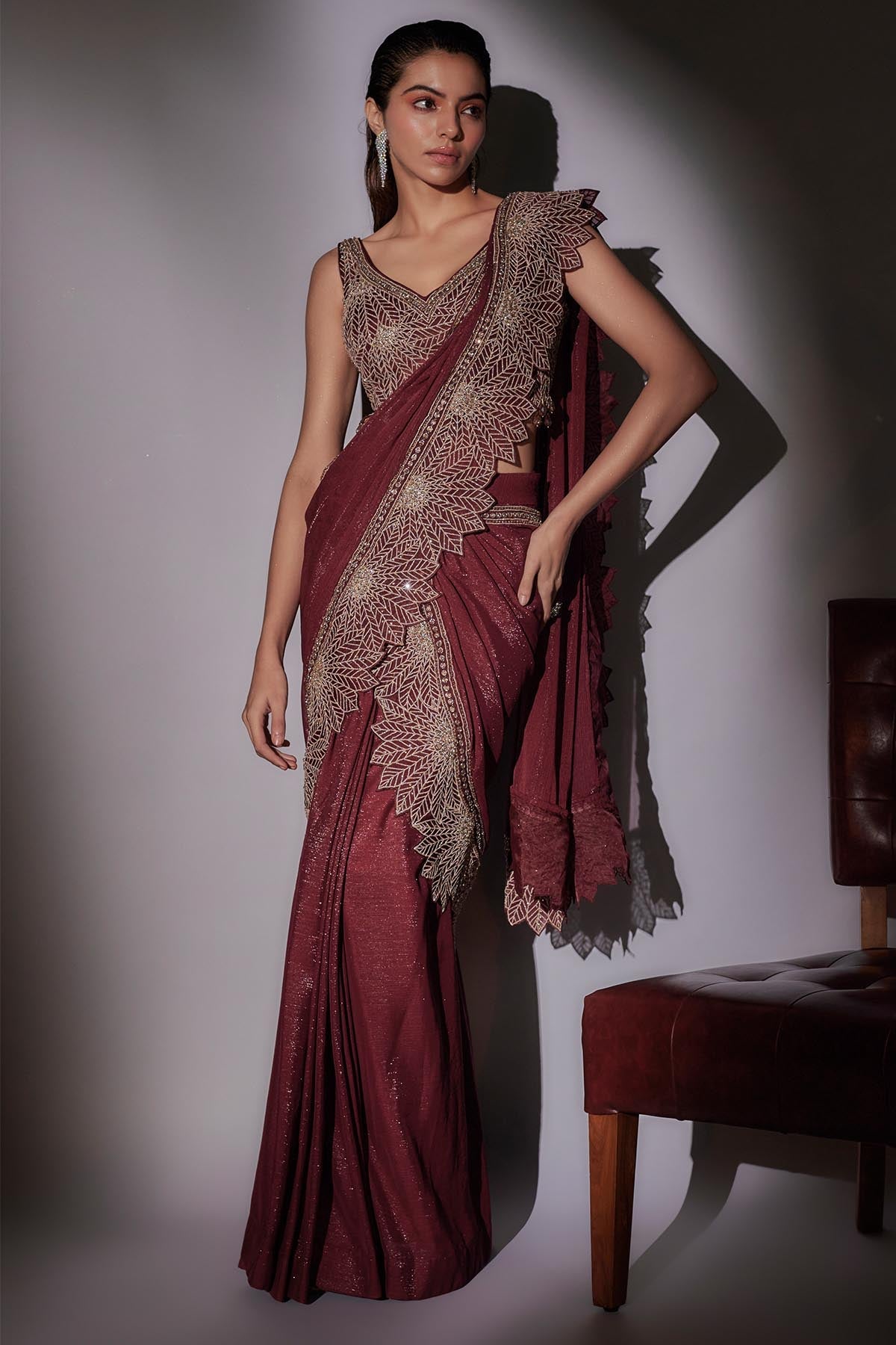 Buy Wine Pre-Draped Saree & Blouse by Ajiesh Oberoi for women online at ScrollnShops