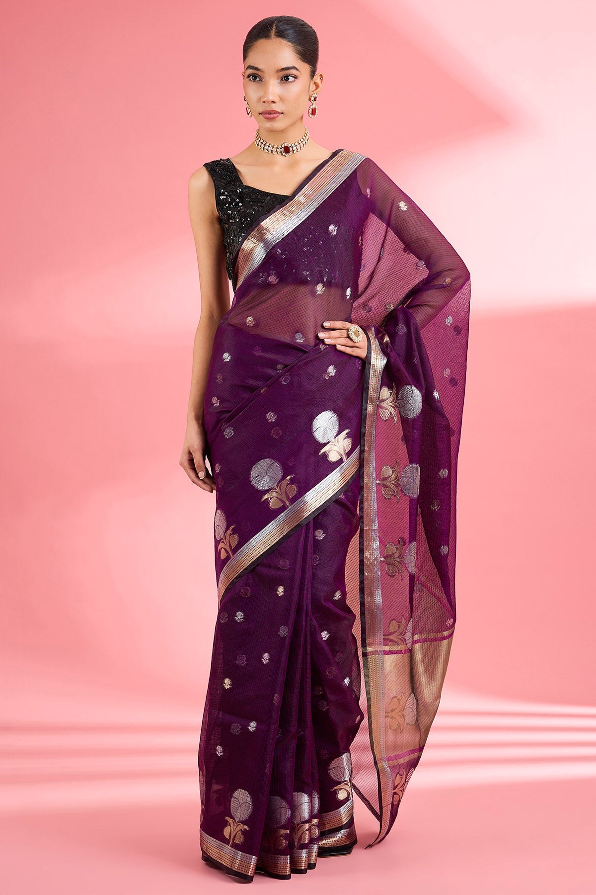 Buy Wine Premium Kota Doria Saree for women by Milu Madan online available at scrollnshops