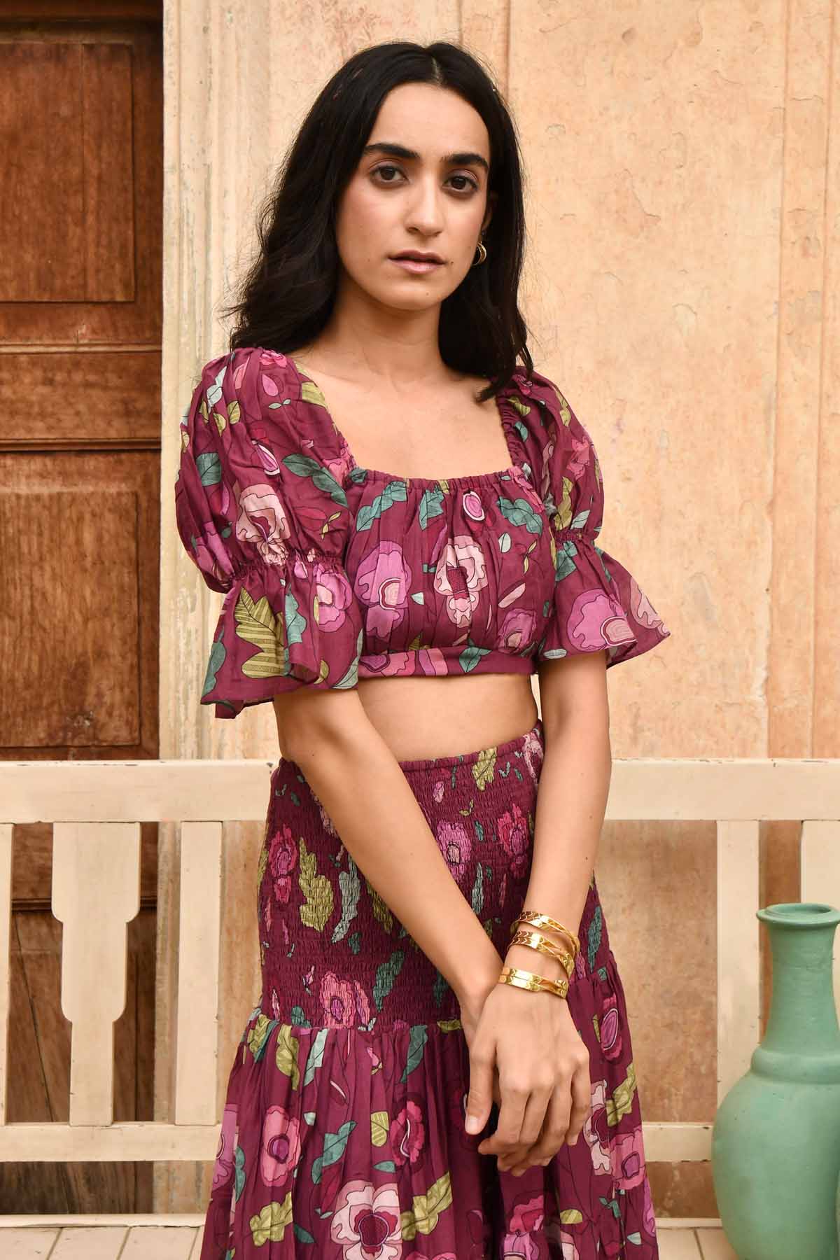 Taro India Wine Red Chanderi Silk Crop Top for women online at ScrollnShops