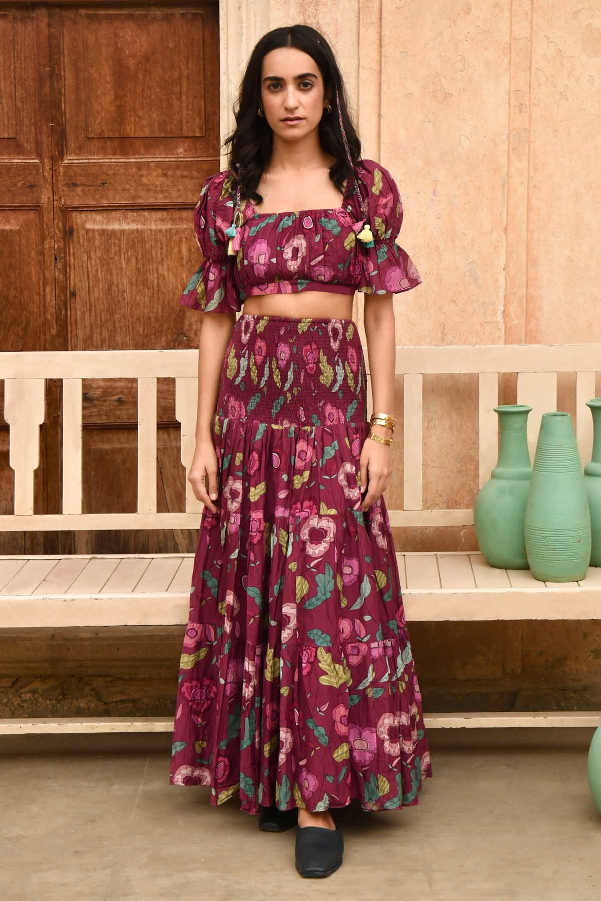 Wine Red Chanderi Silk Crop Top