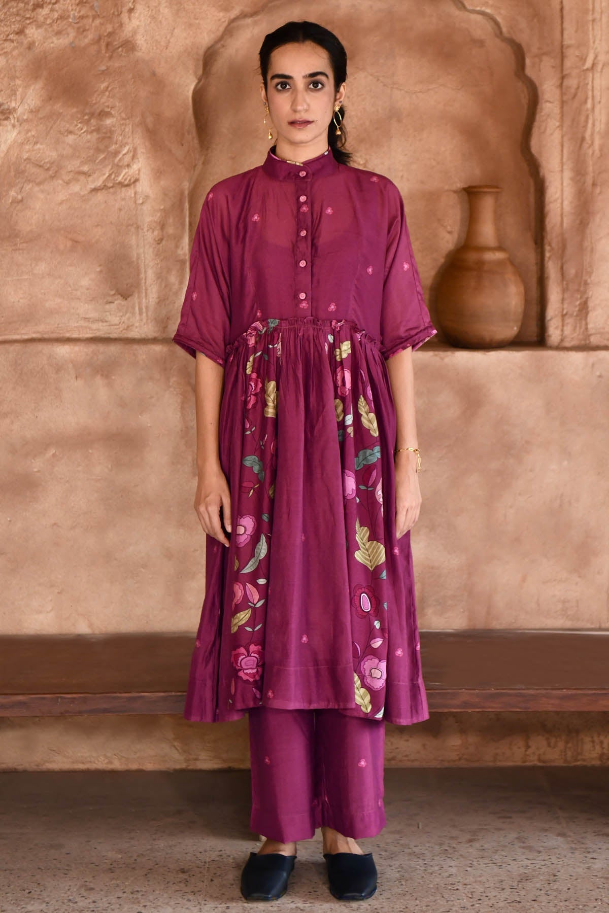 Taro India Wine Red Chanderi Silk Kurta Set for women online at ScrollnShops