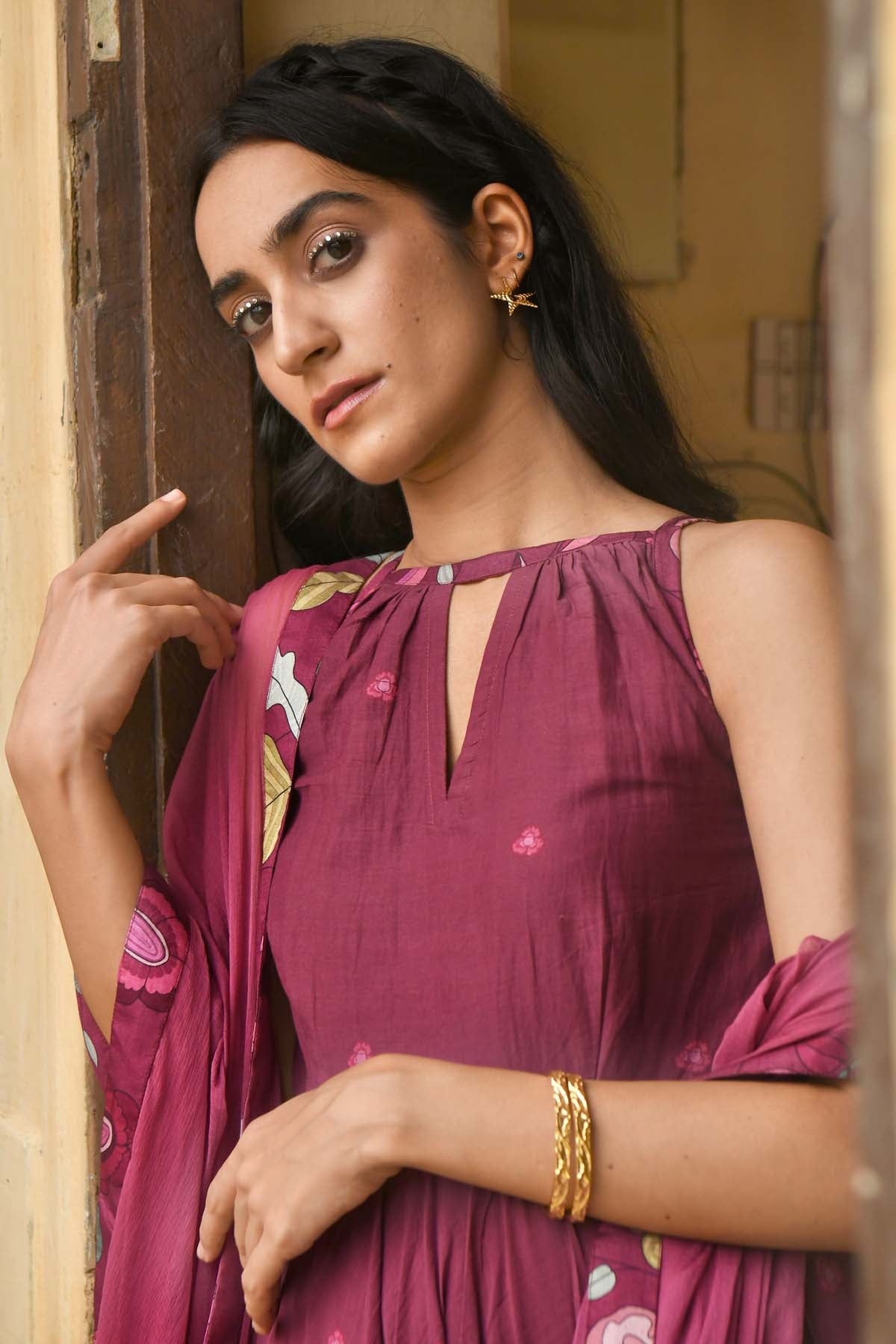 Wine Red Mulmul Print Kurta Set