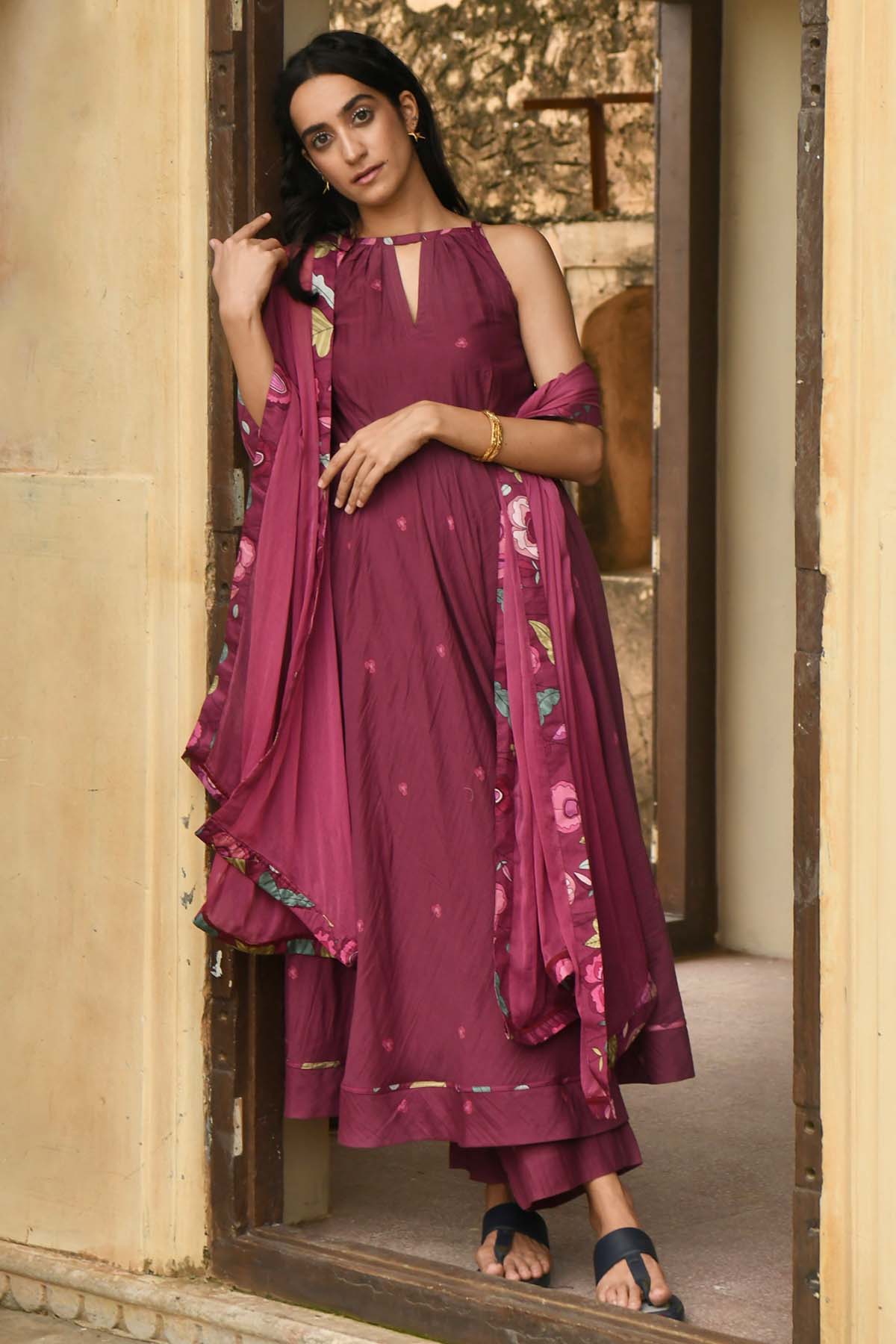 Wine Red Mulmul Print Kurta Set