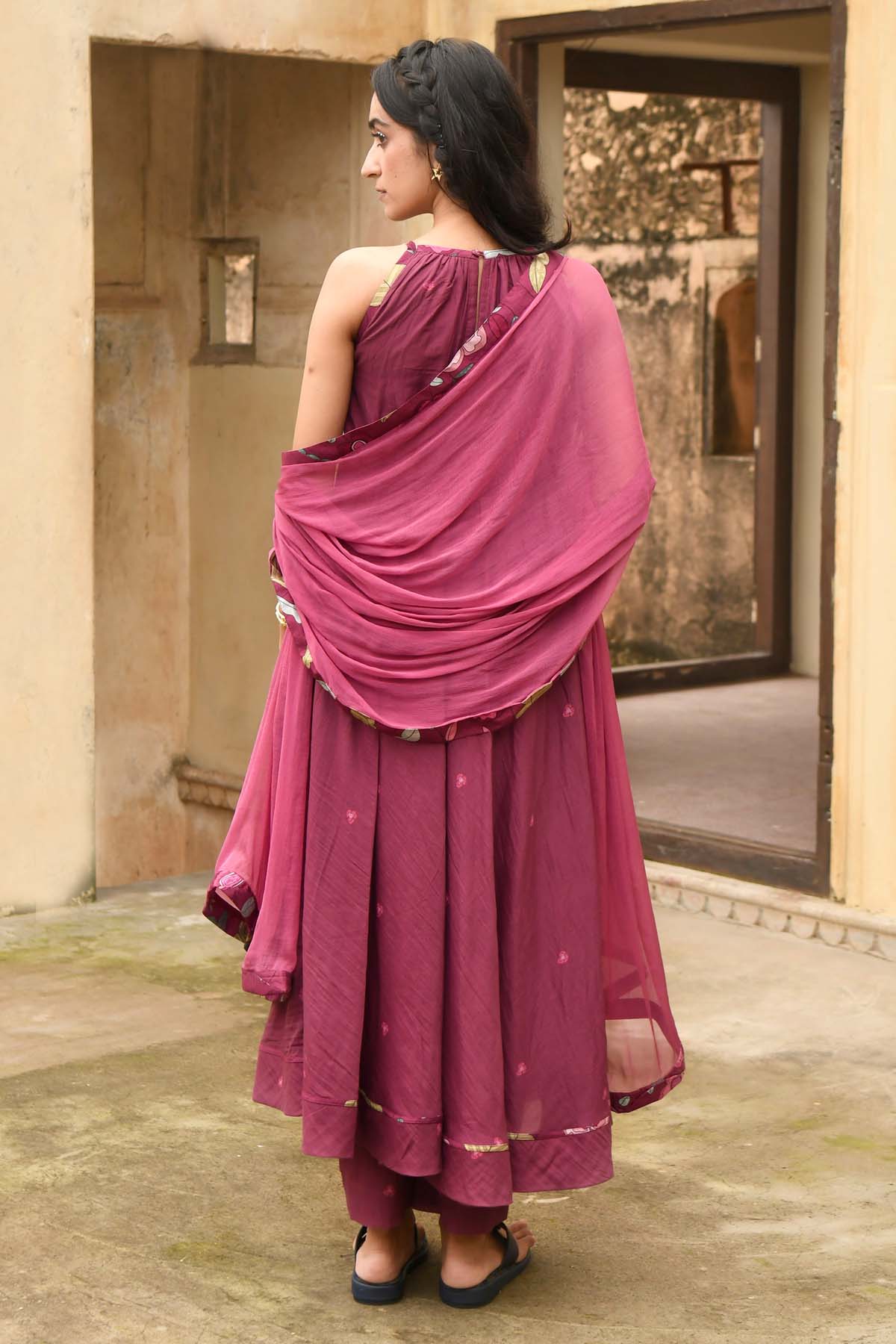 Wine Red Mulmul Print Kurta Set