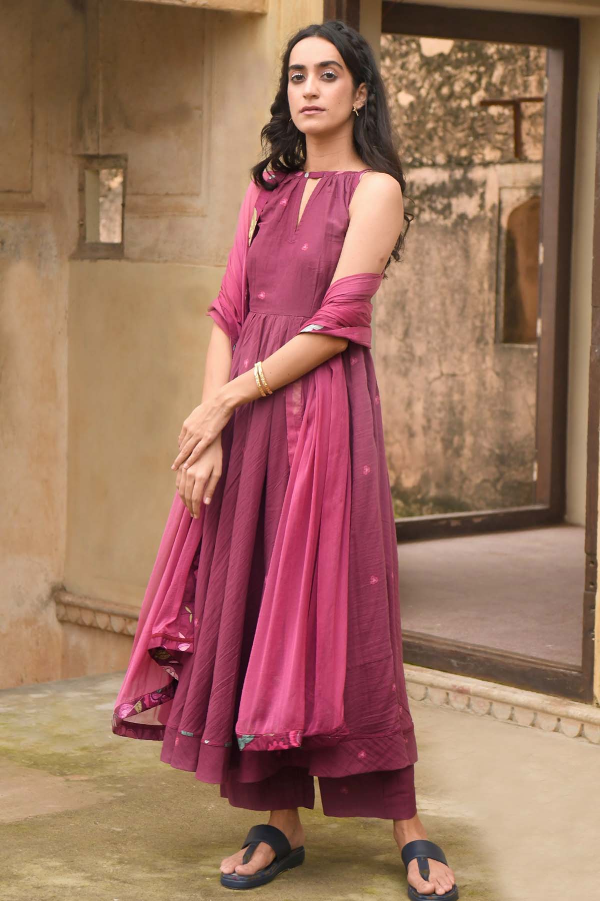 Wine Red Mulmul Print Kurta Set