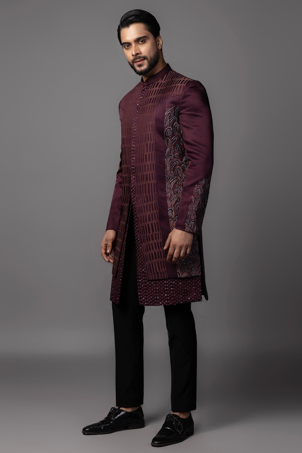 Wine Resham Dhaga Achkan Set