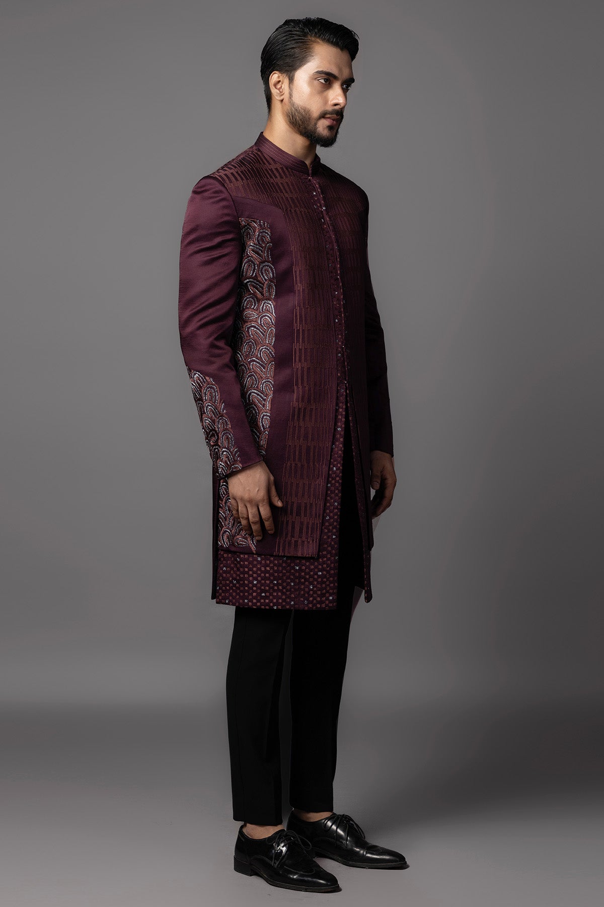 Wine Resham Dhaga Achkan Set